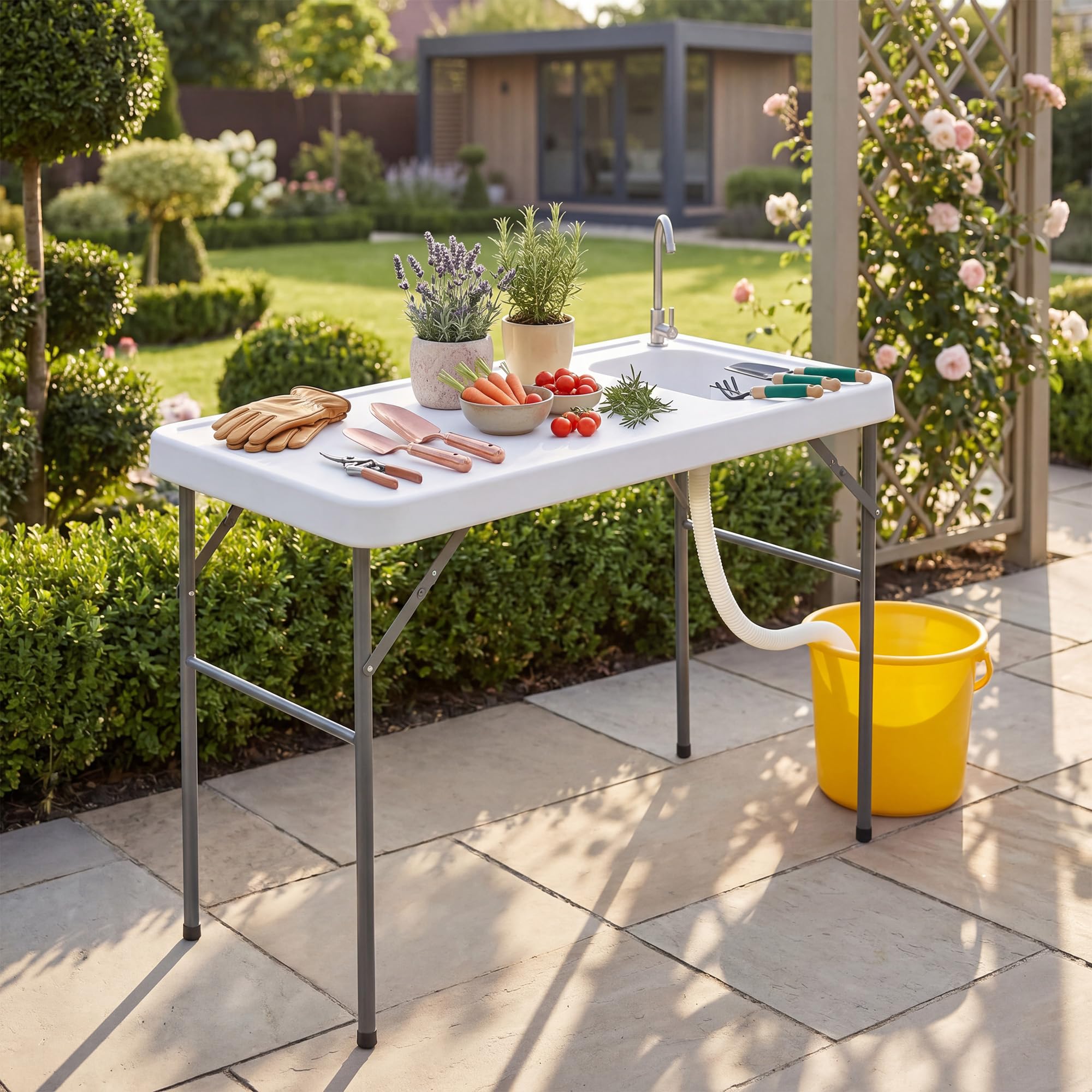 HOMASIS Fischreinigungstisch klappbar, Campingtisch mit Spüle & Wasserhahn, Camping-Spültisch mit Messskala, bis 50 kg belastbar, Klapptisch für Angeln, Picknick & Grillen, 104 x 59 x 76 cm, Weiß