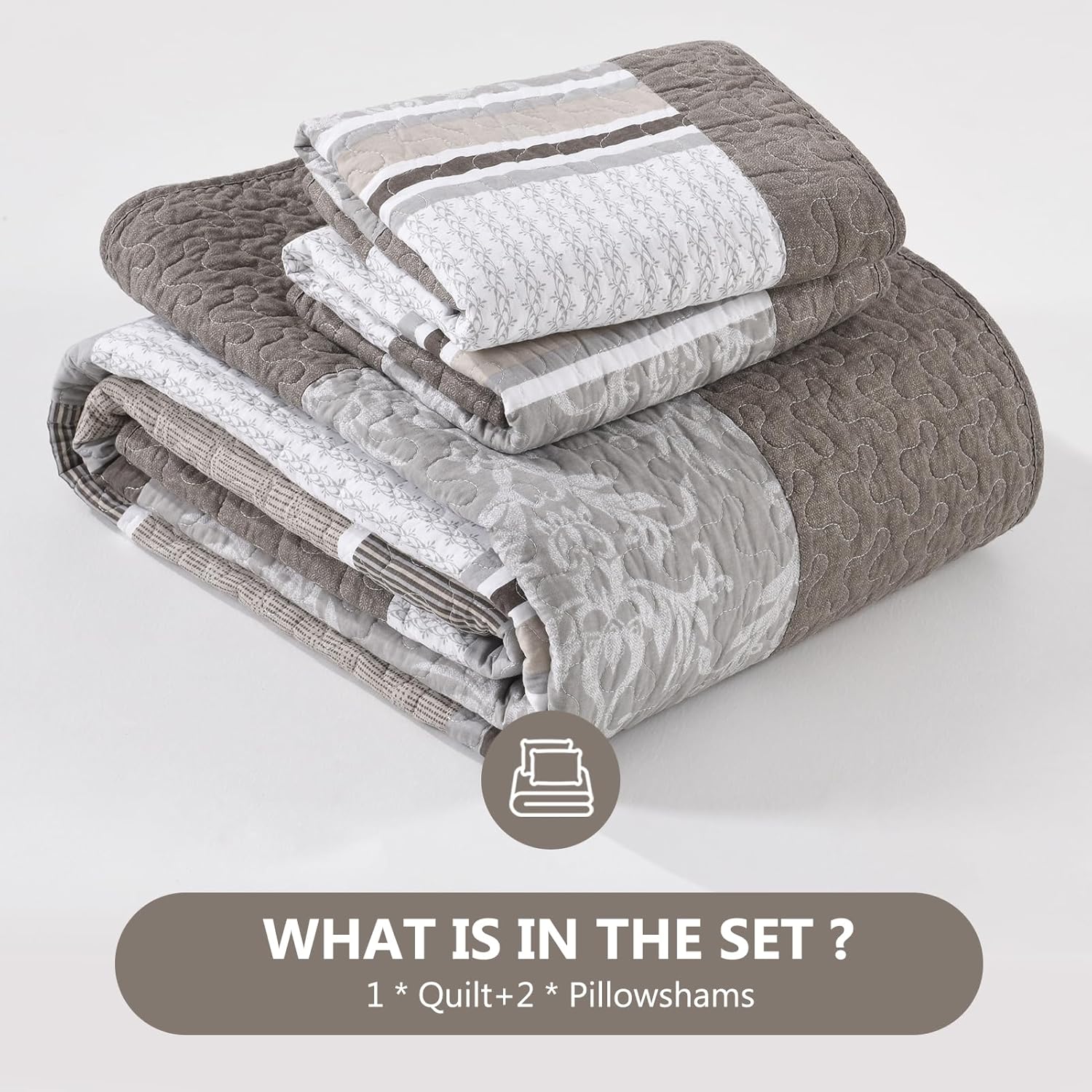 100% Cotton Quilt Set Queen Size - Reversible Quilted Comforter, Striped Botanical Queen Quilt Bedspread, Modern Lightweight Bedding for Queen Bed, 3pcs, Taupe/Gray/White - Image 8