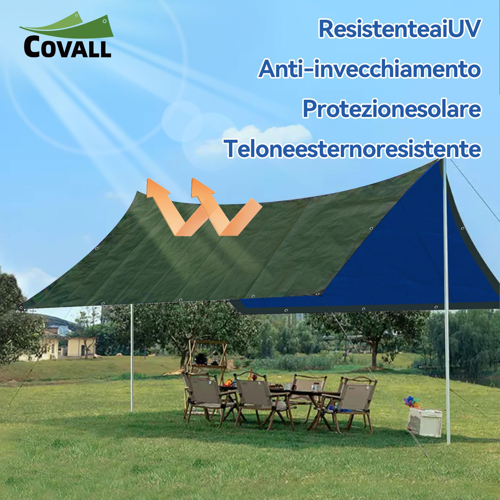Telone blu 6x10m，75g/㎡ telo impermeabile esterno verde/blu,di plastica multifunzione anti-strappo UV con foro occhio coperchio,adatta per campeggio,giardino,legno,Copertina per furgone