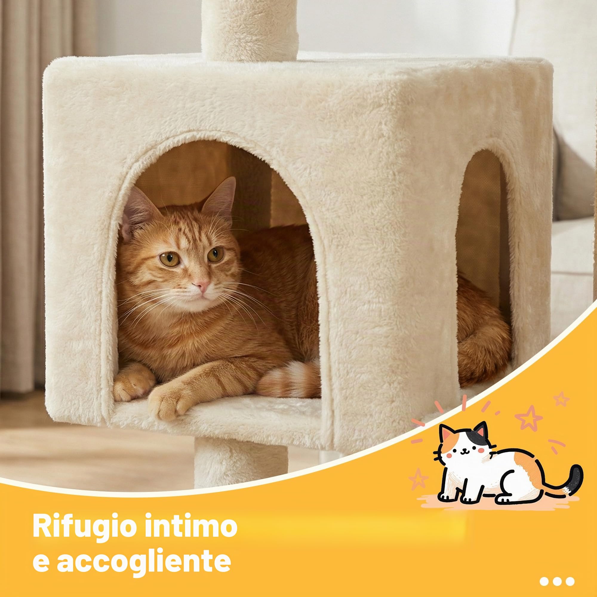 Hey-brother Tiragraffi per Gatti, con Cuccia, Topolino finto, MPJ004SM | 110cm Albero per Gatti Multilivello, Cesta, Piattaforme in Peluche, Pompon, Ideale per gattini da interno, Beige