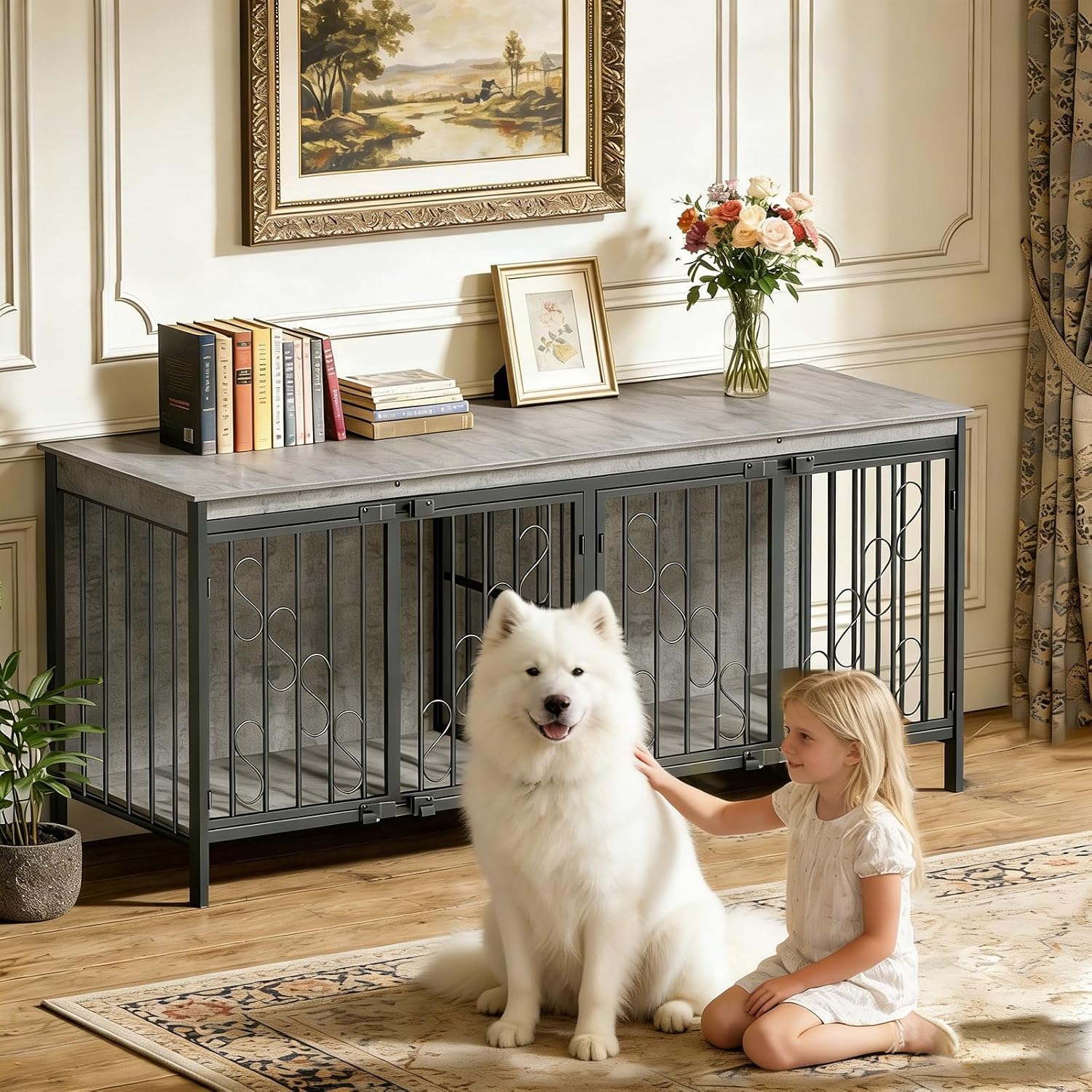 71'' Double Dog Crate Furniture, Wooden Dog Kennel for 2 Dogs, Heavy Duty Wooden Indoor TV Stand with High Legs for Medium Large Dogs, Gray