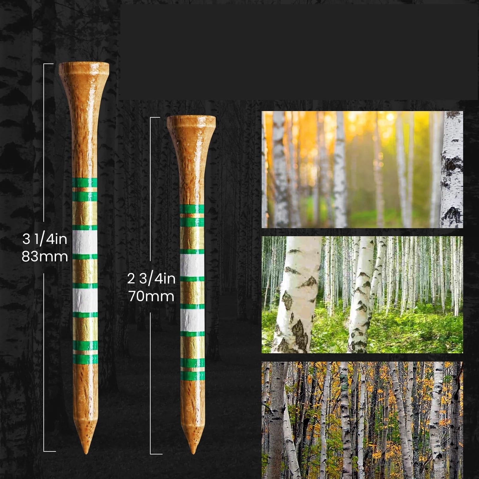 Golf Tee Golf-Tees aus Holz for Herren – 2 3/4 und 3 1/4 Zoll, Westernbirke, 250er-Packung | Reduziert Reibung, stabile Basis