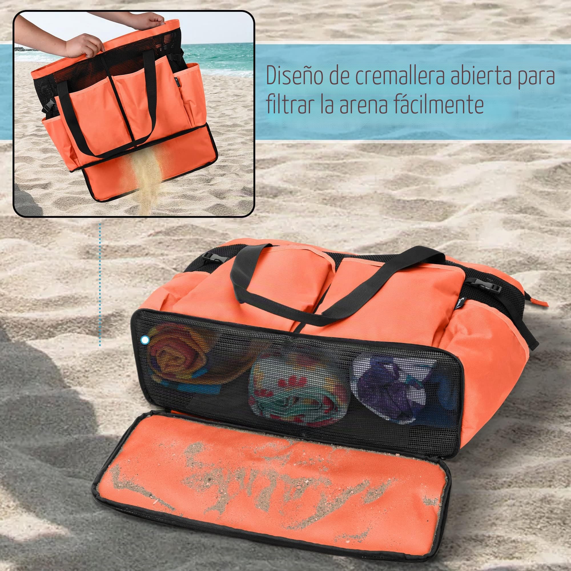 Fasrom Bolsa de Playa de Malla Extra Grande con Cremallera, Naranja | Apertura Inferior Sacude Arena, Bolsillo Impermeable, 6 Bolsillos, Correas Acolchadas, Bolsa Gran Tamano