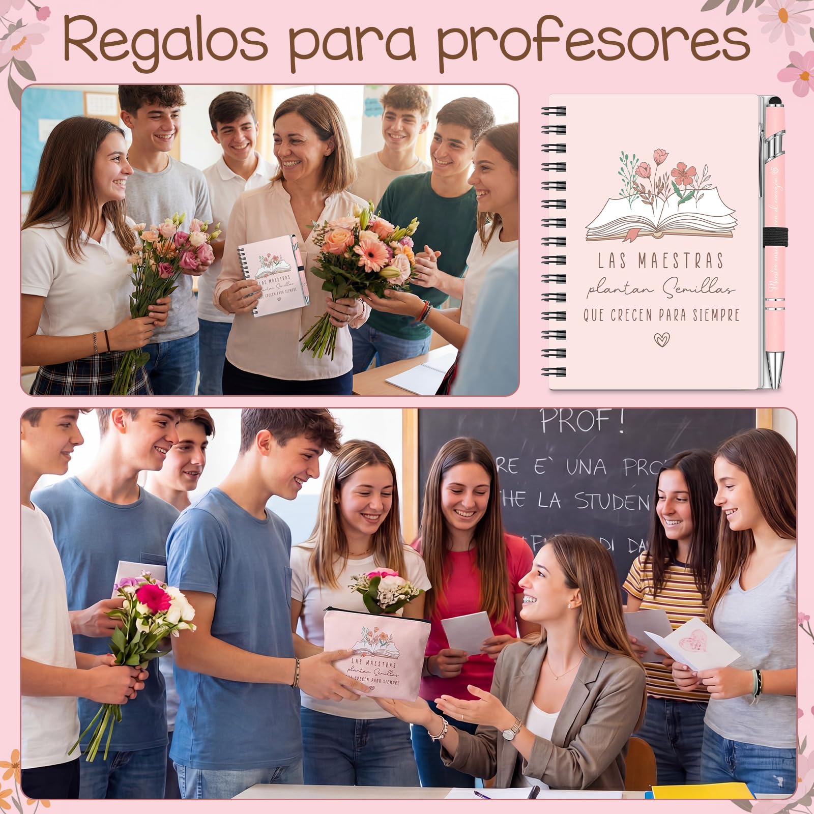 BBTO Set Regalo para Maestra Fin de Curso Gracias Mujer Neceser para Profesora Infantil Cuaderno Espiral con Bolígrafo Estético Regalo de Despedida para Profe Guardería Graduación Primaria