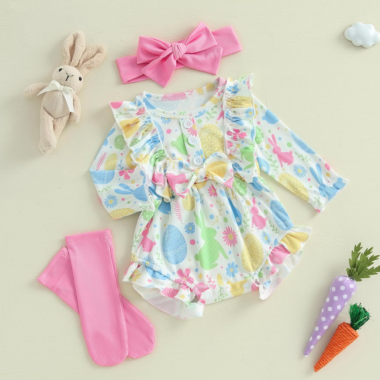 Baby Girl Easter Outfit Newborn Bunny Egg Bow Romper Dress Infant Ruffle Bodysuit Top Spring Clothes With Socks (A Egg Bunny Floral Multicolor, 3-6 Months)