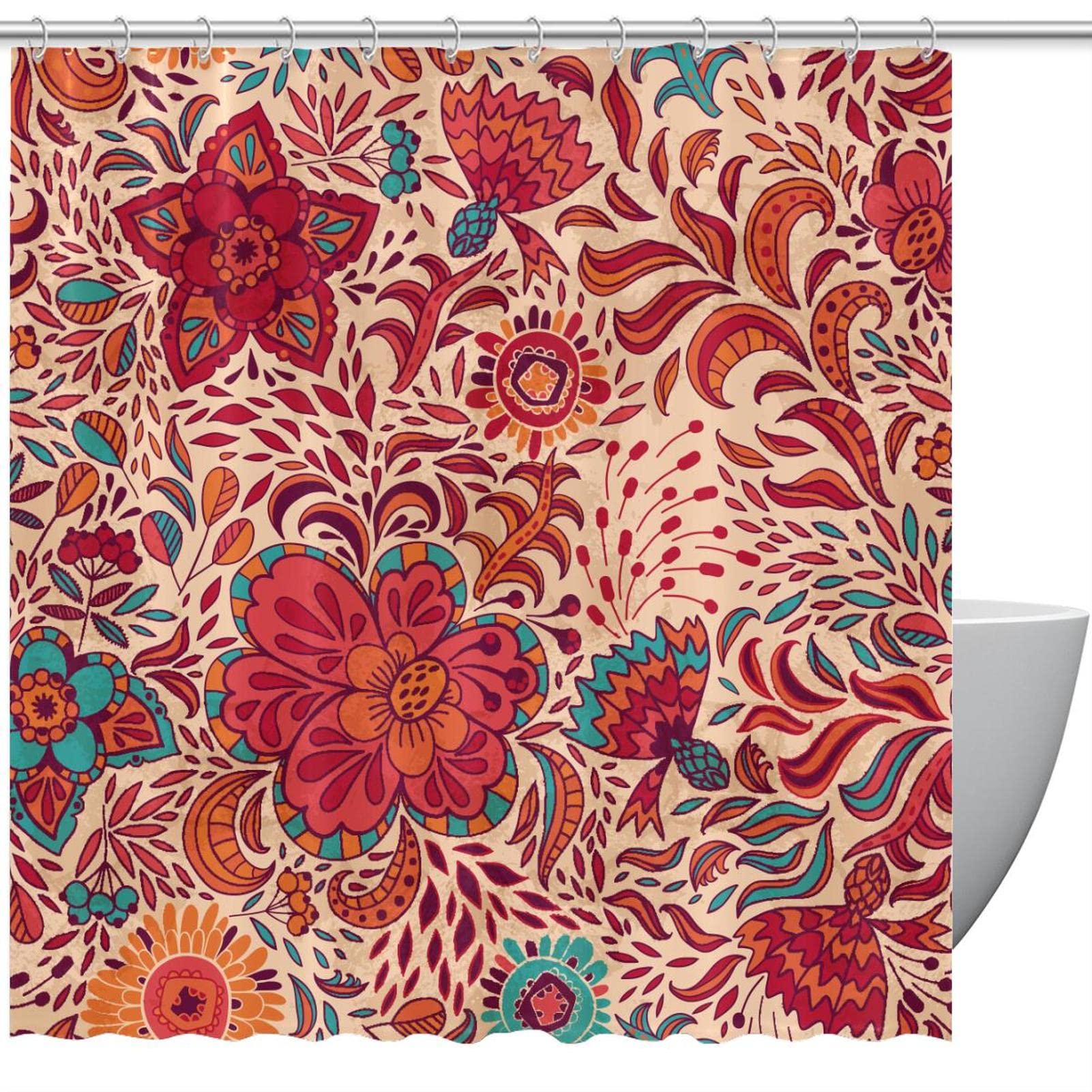 Rideau de douche fleurs et baies en tissu noble avec crochets de douche
