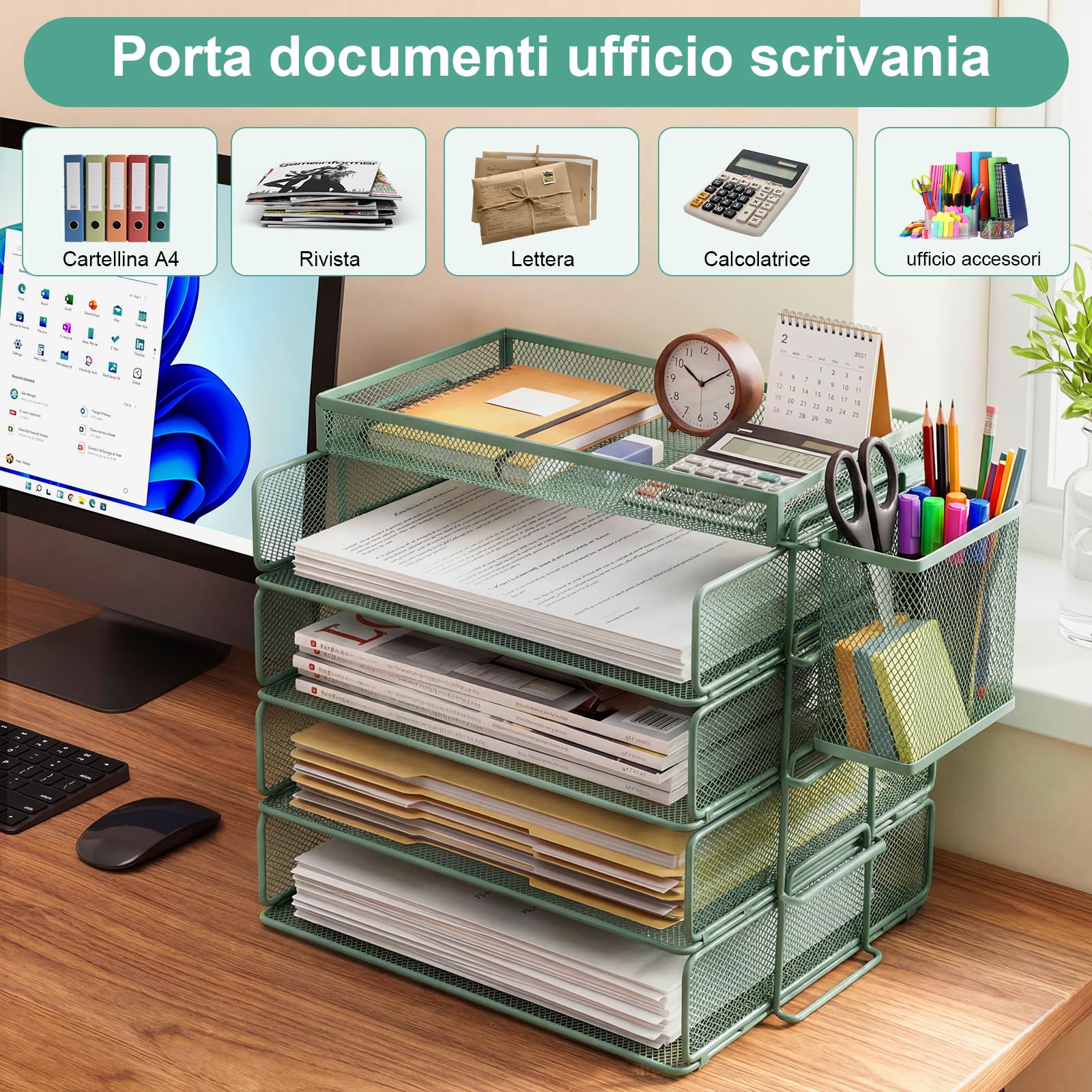 Portadocumenti impilabile per fogli A4, organizer scrivania con 4 scomparti e 1 portapenne, adatto a documenti A4, portadocumenti da scrivania in metallo, porta documenti ufficio scrivania (verde)