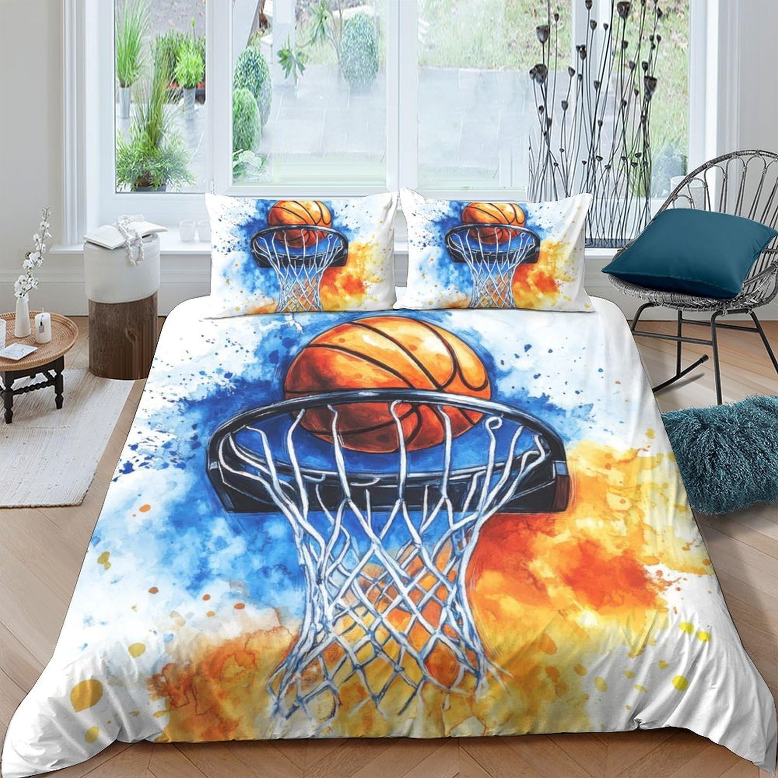 Ctjqhvkz Style-3 3D Printed Basketball Splash Fitted Sheet Microfiber Orange Blue Graffiti Mattress Cover For Bedroom Dorm Decor Single（135X200cm）