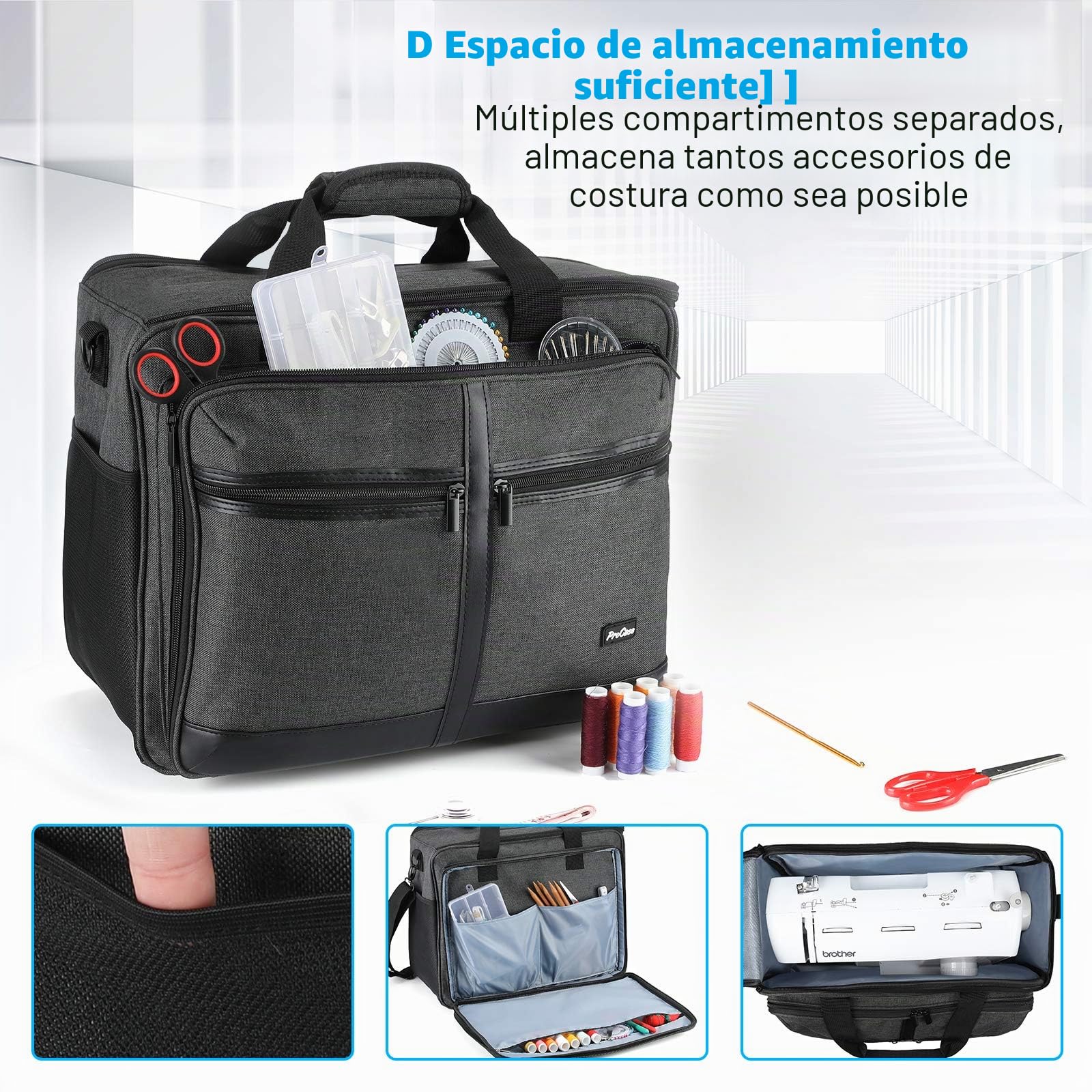 ProCase Bolsa de Mano para Máquina de Coser, Múltiples Bolsillos de Almacenaje para Accesorios de Costura, Estuche de Transporte para Muchas Máquinas de Coser como Brother, Janome y Singer -Gris