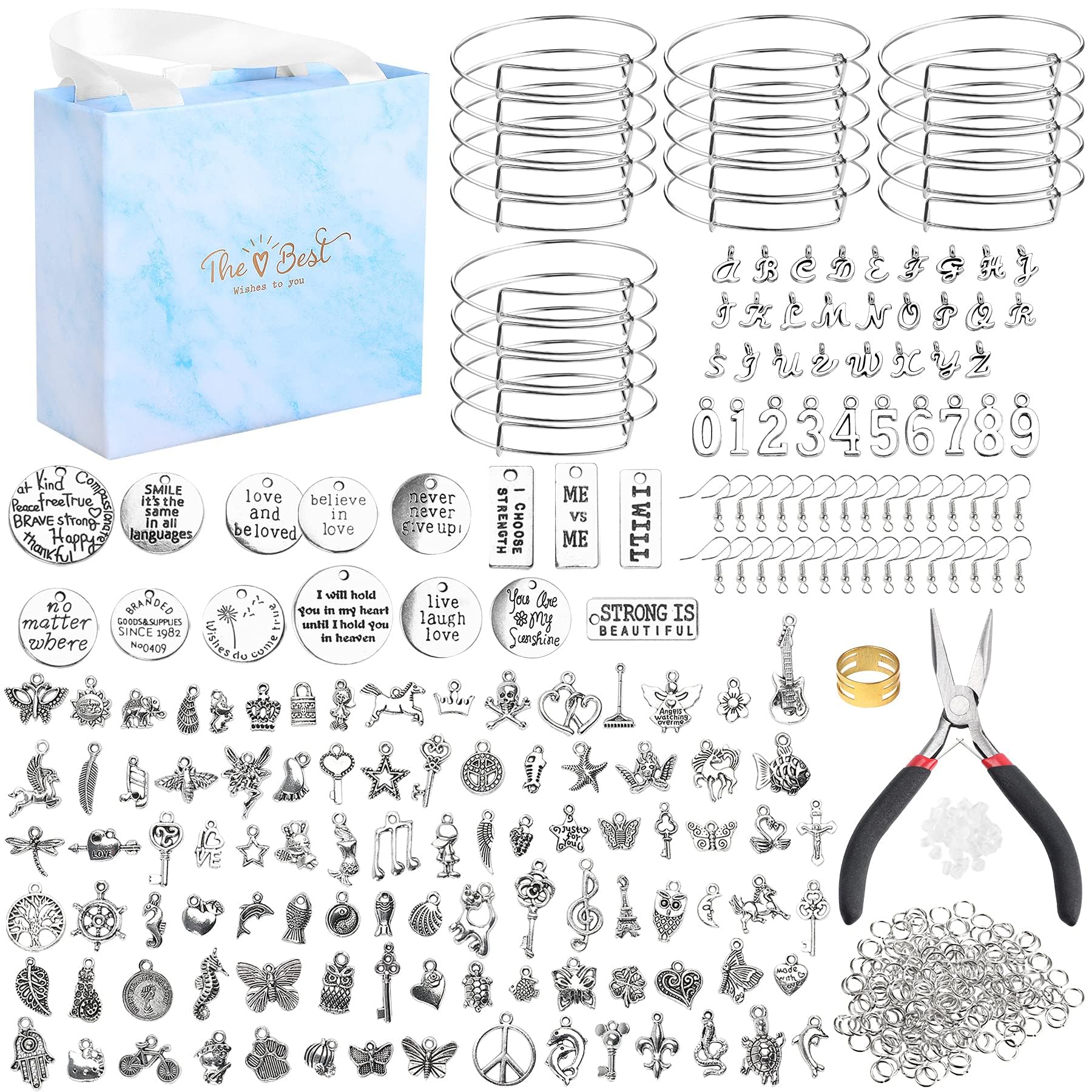 UPINS544 Pcs Bracelet Earring Making Kit, Expandable Blank Bangles with Charms Tibetan Silver Pendants, Earring Hooks, Earring backs, Jump Rings and Pliers, Jewelry Gift for Girls DIY Craft