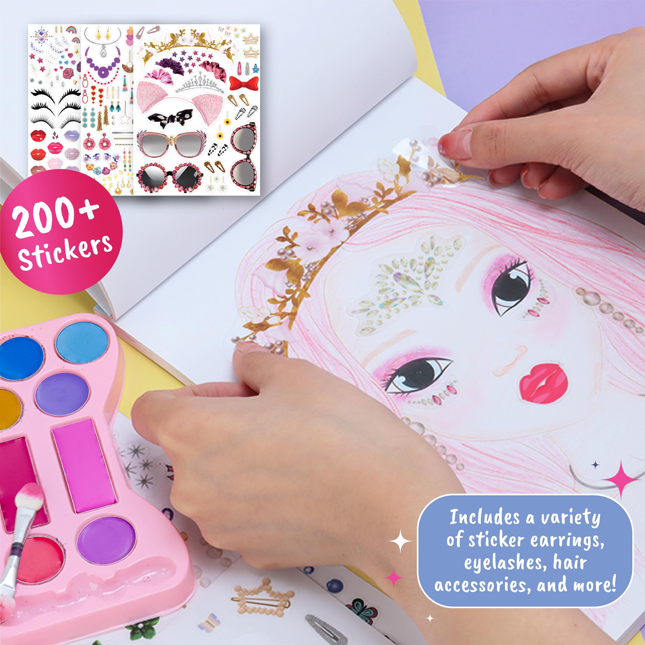 BSCOOL Libro da studio di trucco per bambini con colorazione, adesivi e tavolozza