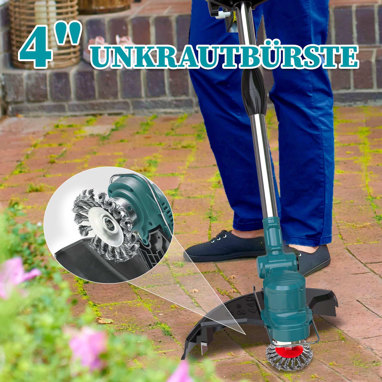 Rasentrimmer mit Akku 21V, 4 in 1 Akku Rasentrimmer für Makita Akkus, Rasentrimmer mit Unkrautbürste, Freischneider & Motorsense inkl.TAP-N'-GO Fadenkopf, 2 X 4.0Ah Akkus, 750W Bürstenloser Motor