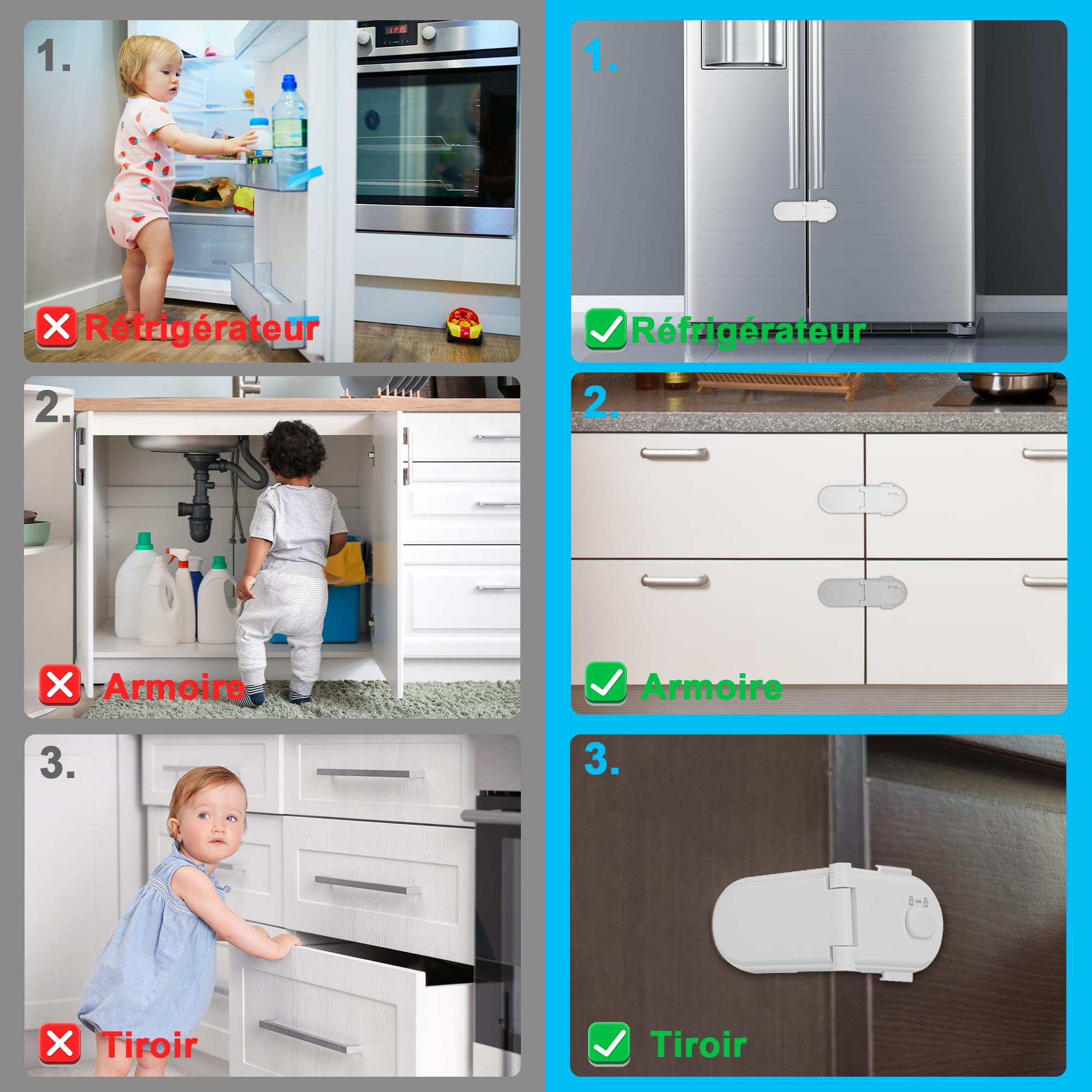 REDTRON Verrous D'Armoire Sécurité Enfants 4 Packs Noir - Double Interrupteur Adhésif 3M