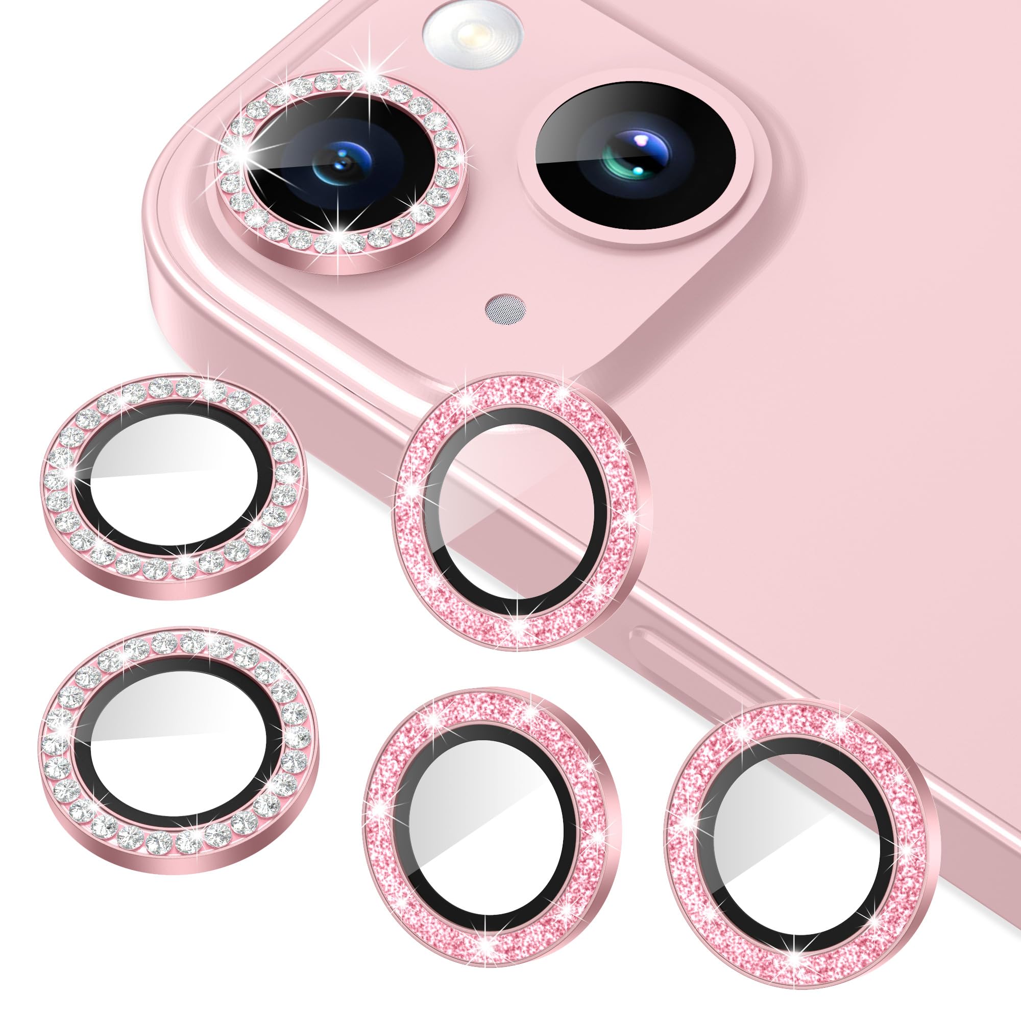 Sponsored Ad - 3+3 6 Pack Camera Lens Protector Compatible with iPhone 15/15 Plus, Bling Diamond & Glitter Metal Ring 9H Tempered HD Glass Camera Protector Cover Film, Bling-Pink