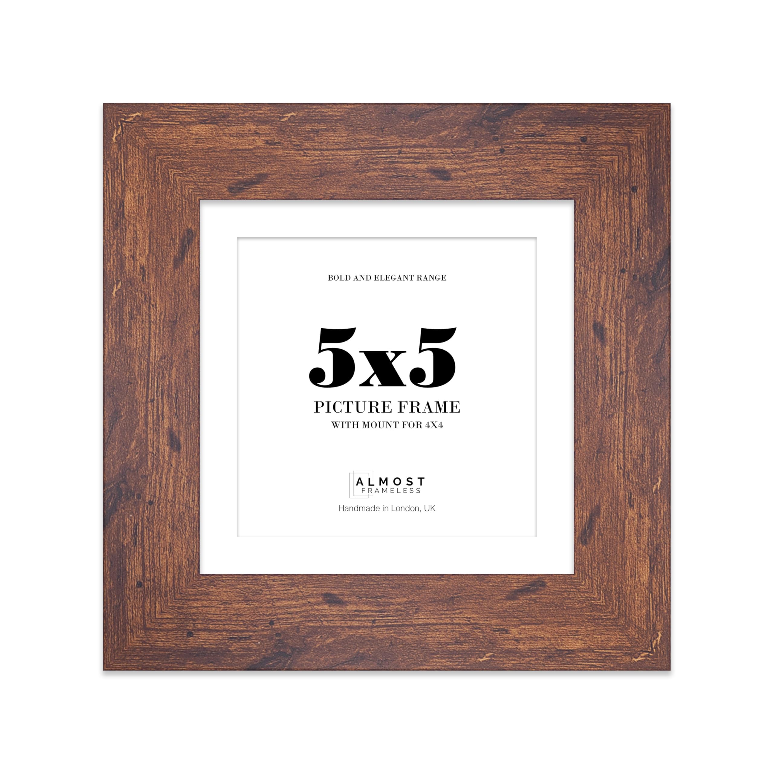 5x5 Rustic Wood Square Frame With Mount for 4x4 Pictures 28mm Edge Frame Display with Wall Hooks and Kickstand, 1 Pack