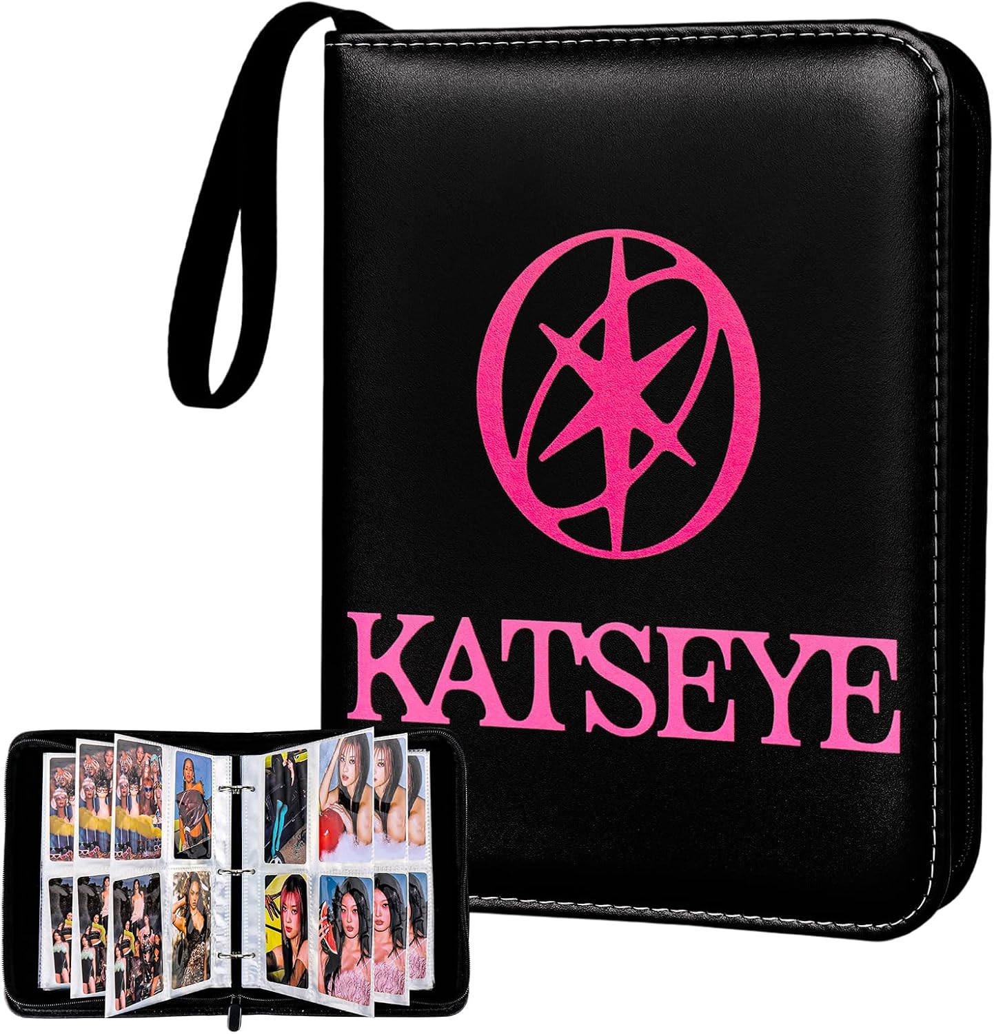 A5PhotoCards Binder 6 Stickers,with 50 Removable Sleeves-Can Hold 400 Cards | Water-Resistant PU Leather Binder Cover,Portable & Secure Design with Zipper Closure Collection Holder for Fans Gifts