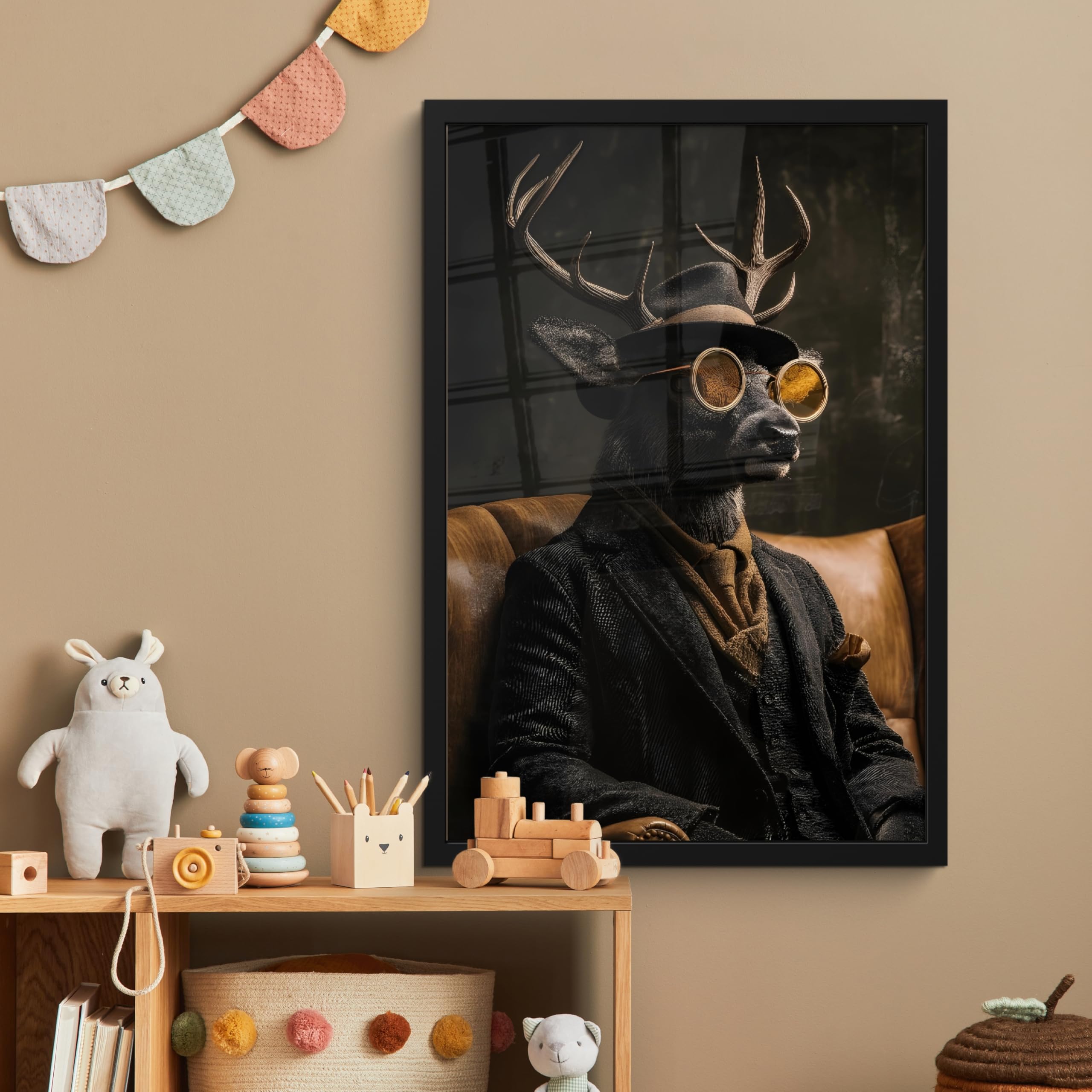 MuchoWow© Quadri Con Cornice Foto Pareti Piccoli Casa Moderna Salotto | 40x60 cm - Orizzontale Lungo Ufficio Moderne Murali Cornici Decorative Cervo - Occhiali da sole - Nero - Abito