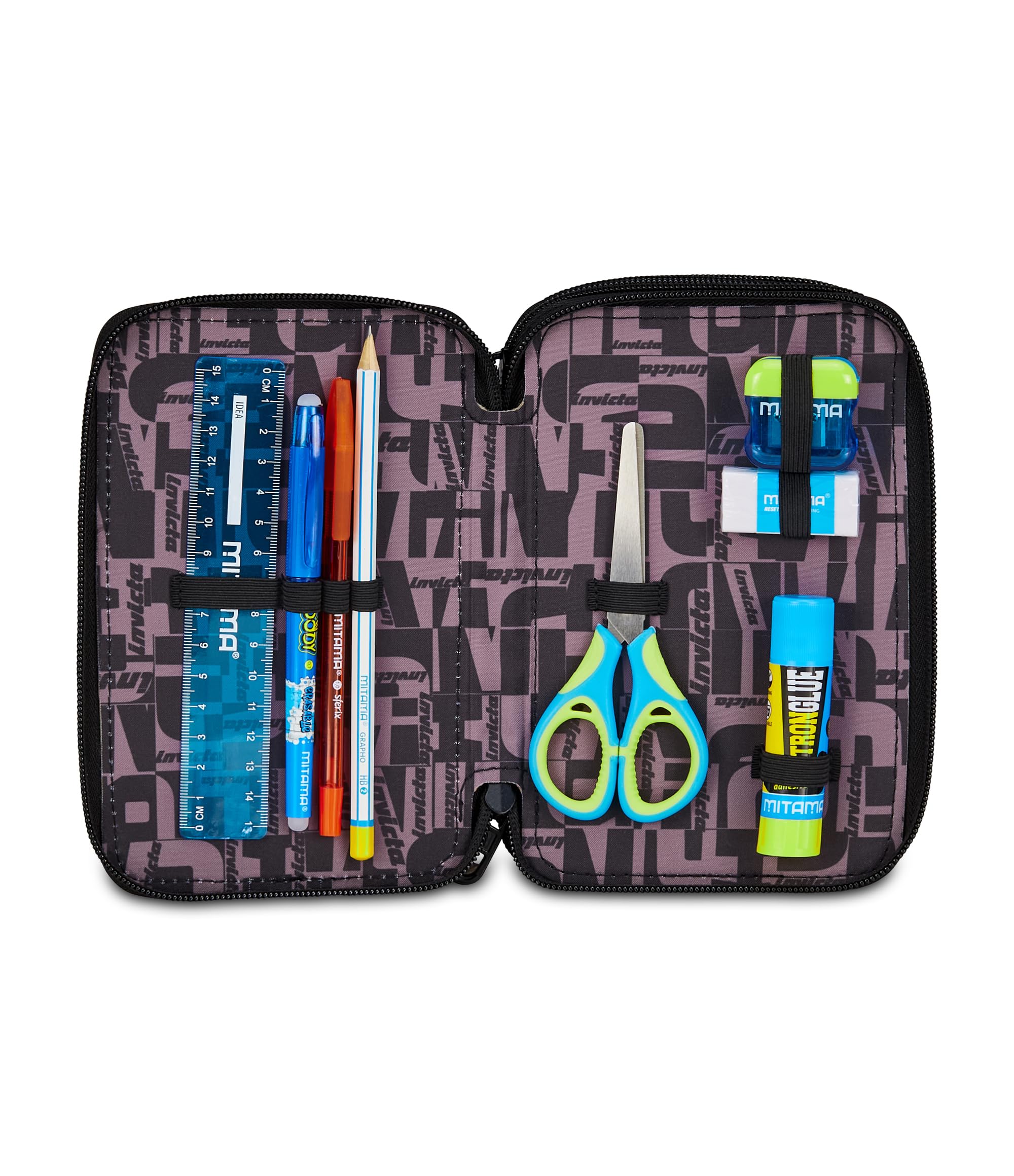 Invicta Astuccio Scuola 3 Zip Fantasy, Blu, Portapenne Triplo Scomparto Completo Di Penne, Matite, Colori, Accessori Zaino, Scuola Elementare, Bambina