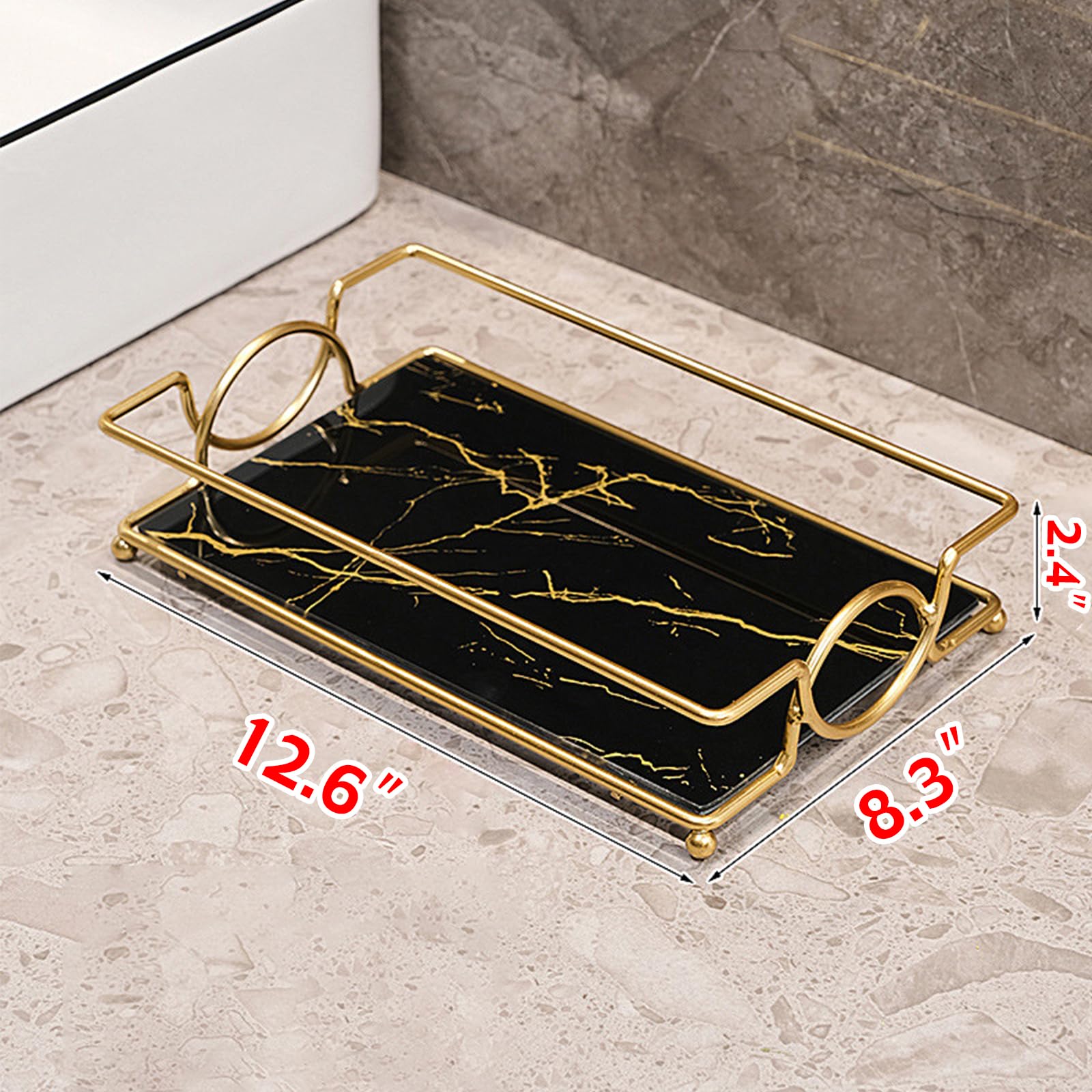Virvia Vanity Tray Luxury Bathroom Counter Tray Glass Perfume Organizer Holder Cosmetics Makeup Skincare Display Decorative Vanity Trays for Bathroom Dresser Bedroom (Black Gold, L)