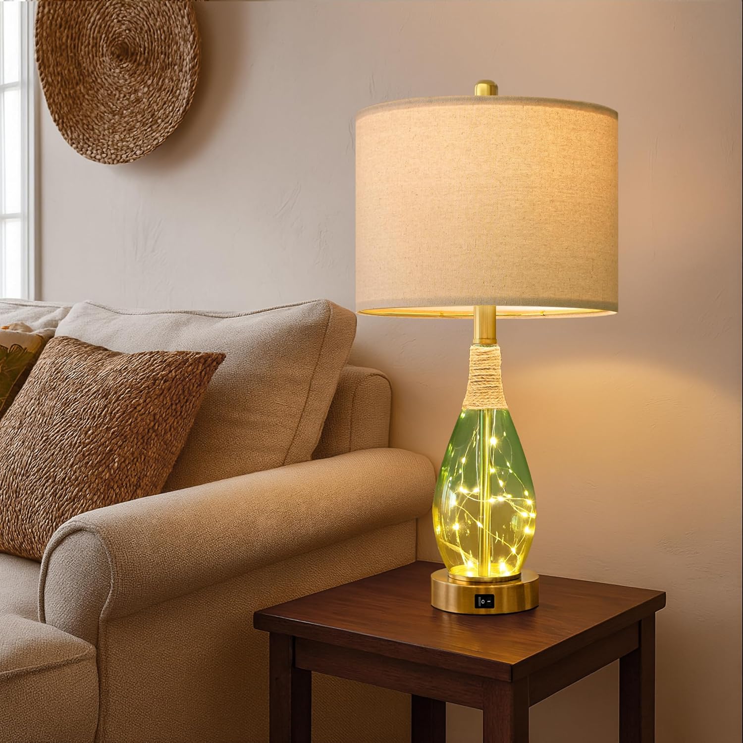 OYEARS 23" Table Lamps Set of 2,Farmhouse Lamps with Glass Nightlight, Bedside Lamps for Living Room, Rattan Lamps for Bedroom Nightstands, Two Light Points