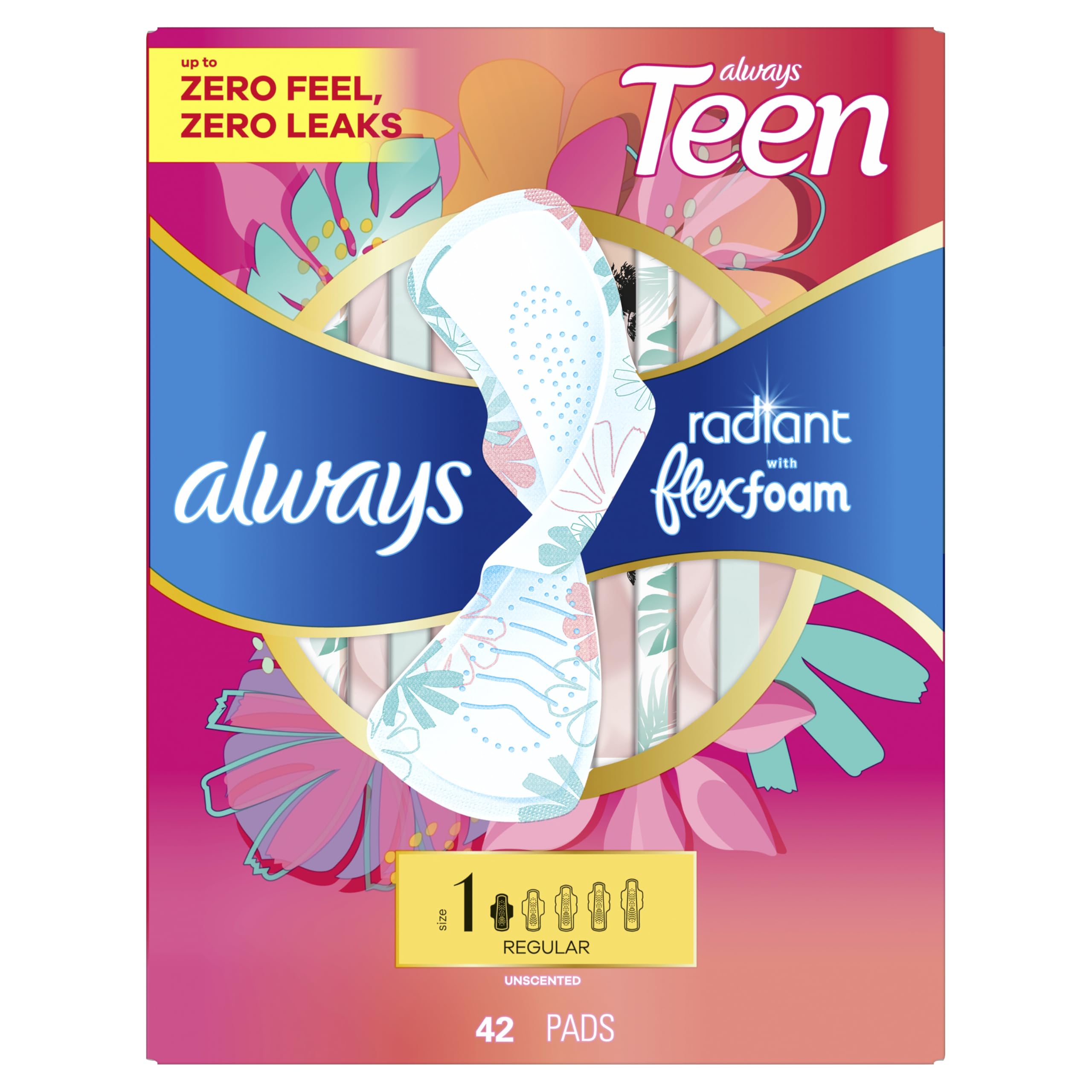 Always Radiant Teen Pads, Größe 1, regulär, mit Flügeln, geruchlos, 42 Stück