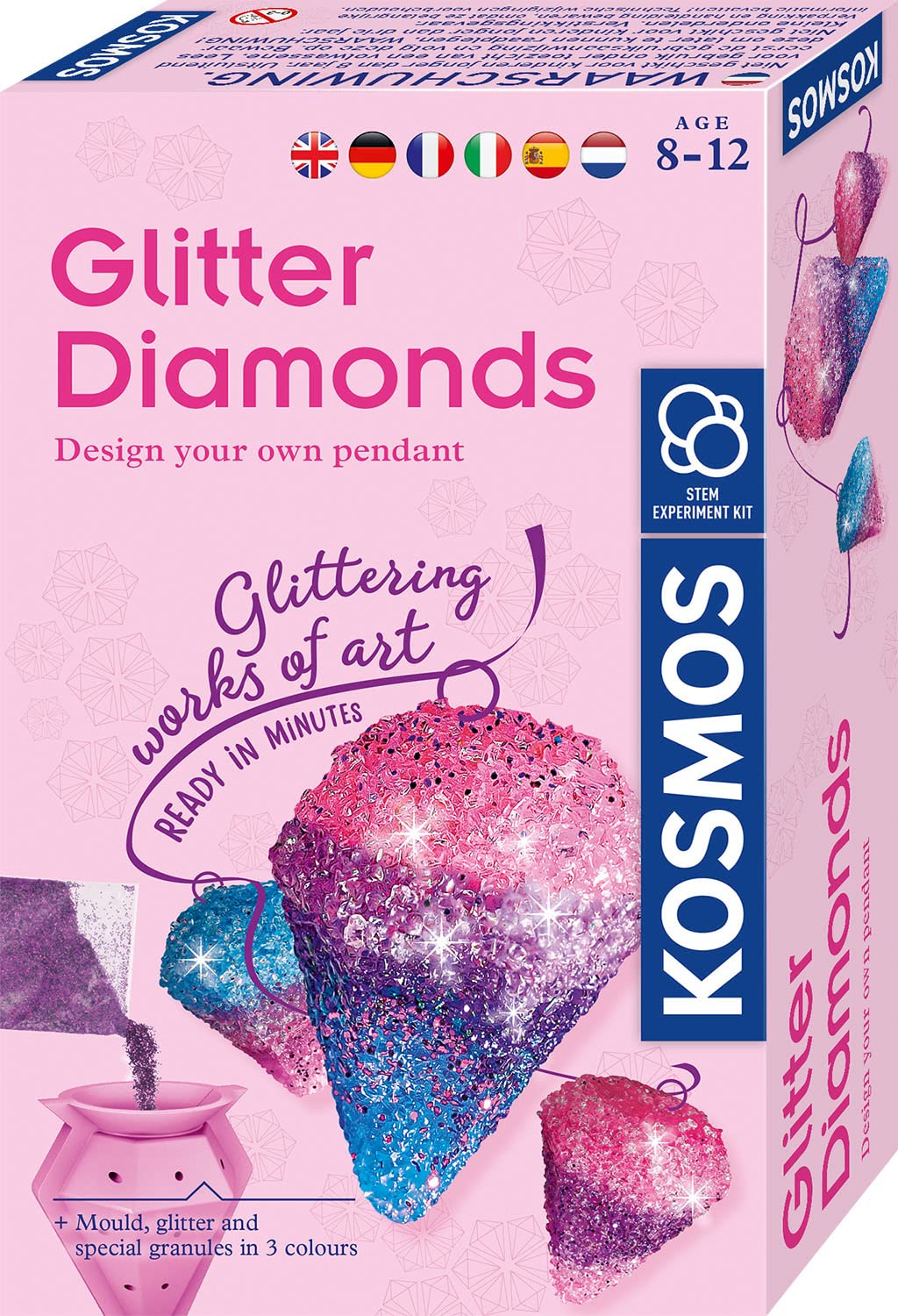 Kosmos 616946 Glitter Diamonds, Sparkling Jewellery Pendants, with Casting Moulds, Jewellery Ribbons, Glitter, Granules in 3 Colours, Experiment Set for Children from 8-12 Years, Multilingual