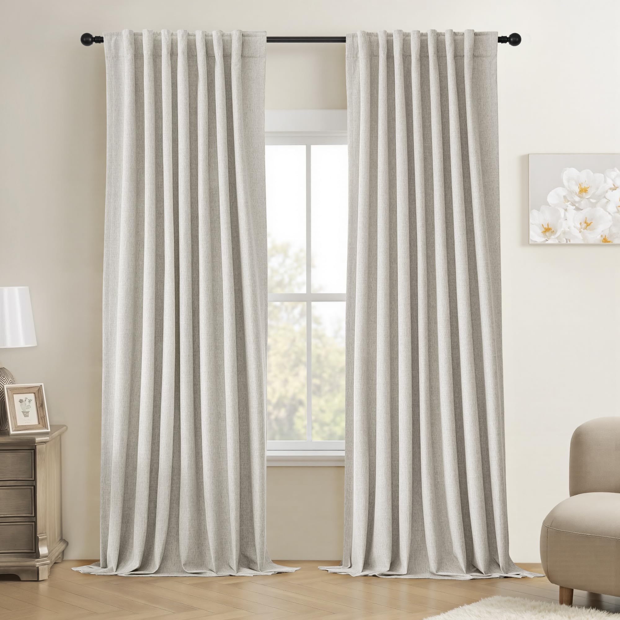 Cortinas opacas de 102 pulgadas de largo para dormitorio, modernas, elegantes, para sala de estar, oscurecimiento de lino natural, cortinas blancas texturizadas, con aislamiento térmico,