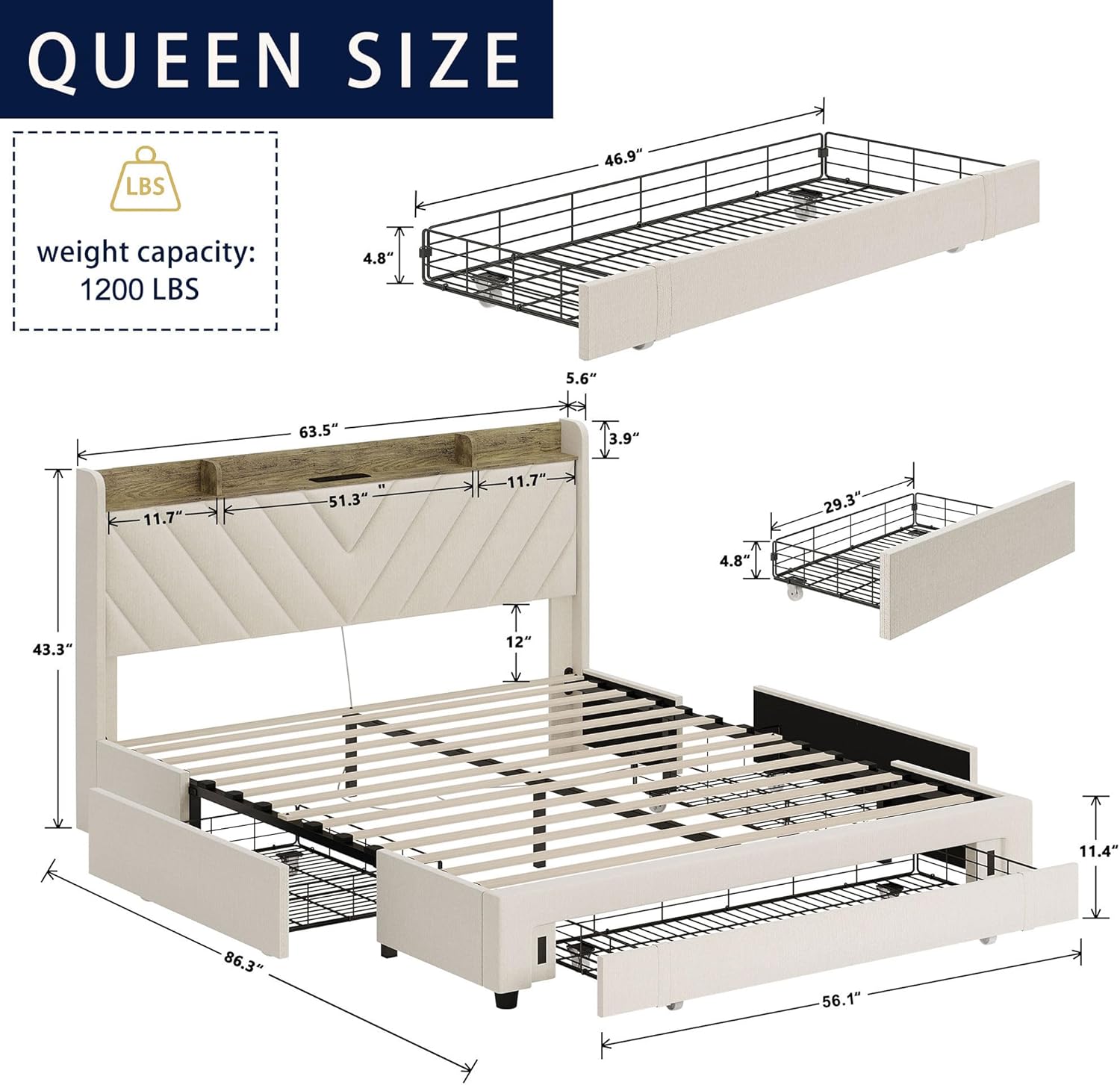 Diagram showing dimensions and components of the Queen Size Bed Frame