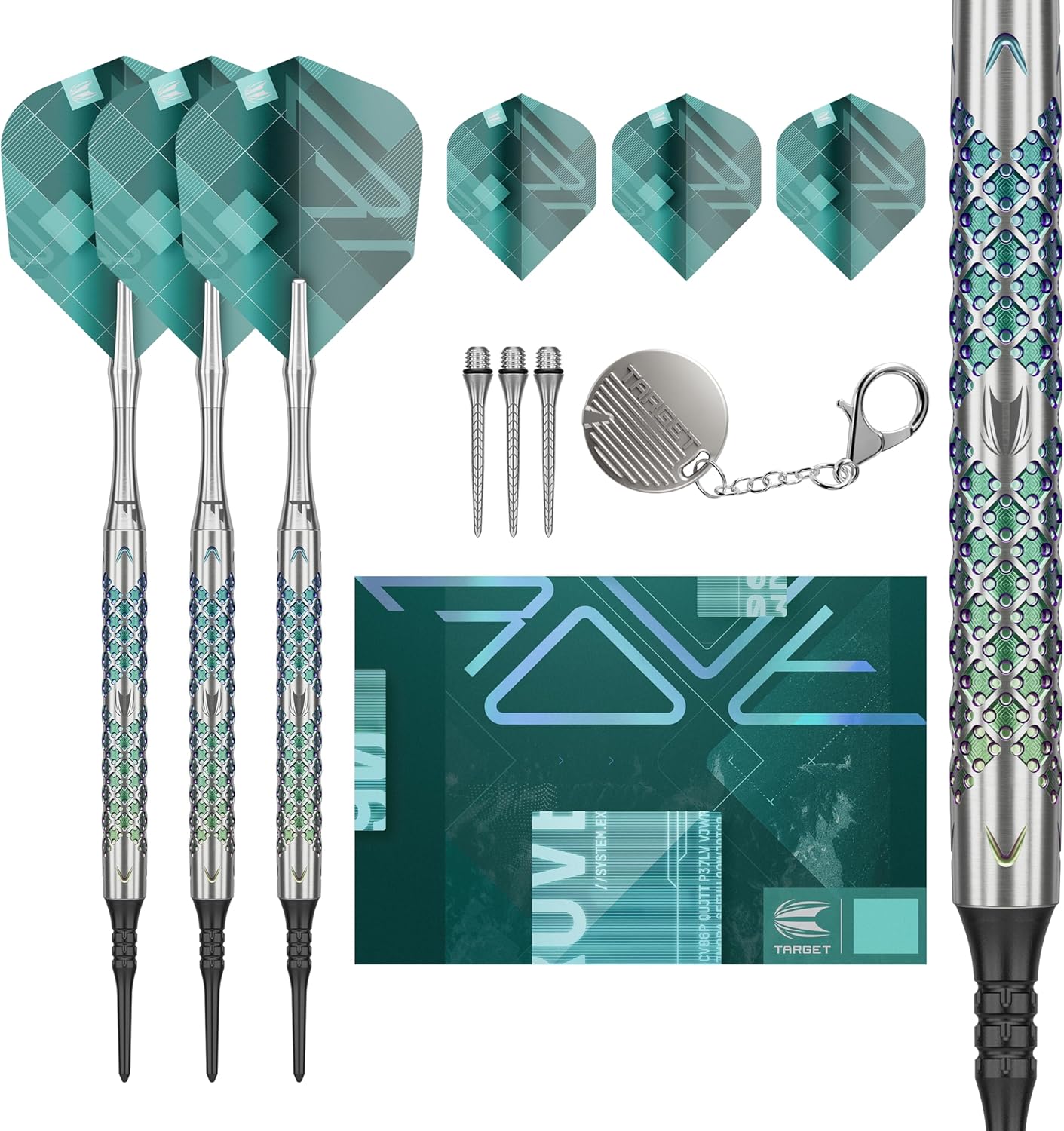 TARGET Darts Rove Soft Tip Darts, 90% Tungsten Dart Set | Green & Silver Darts, Darts Set with Pixel Tips, Electronic Darts, Soft Tip Darts | Barrel 10 – 18G/20G