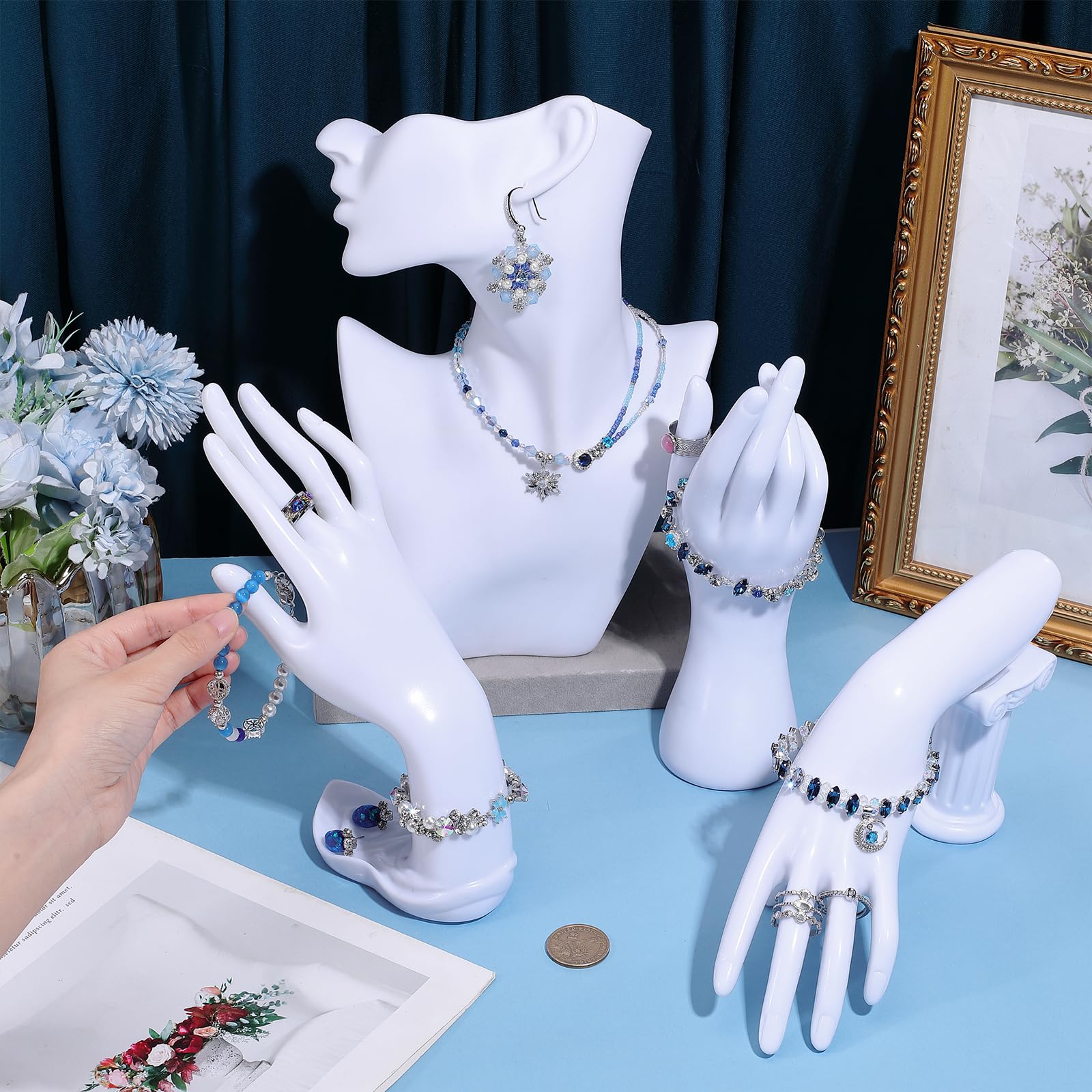 6 Stück Schmuck Schaufensterpuppe Display Set Weiß Schmuck Halter Kit mit Halskette Büste Hand Schaufensterpuppe Ohrring Ständer für Boutique Armreifen Anhänger Fotografie Verkauf Show Laden