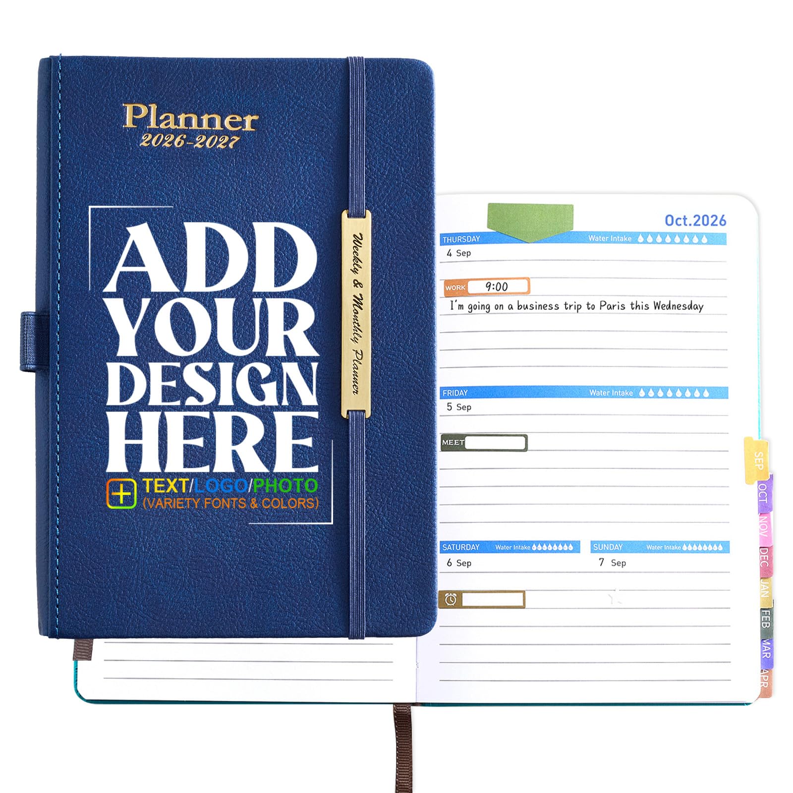 Personalised Planner Jul. 2026-Dec. 2027, Custom Cover With Logo Text, Goal-Oriented Monthly Weekly Pages Comprehensive Structure for Office School Organisation Productivity, Blue