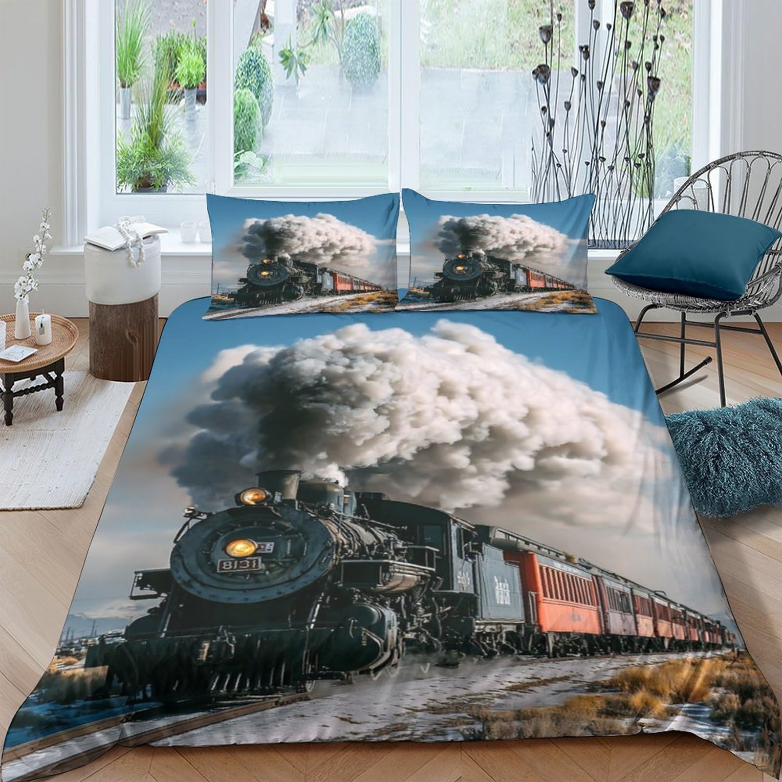 Ctjqhvkz Style-7 3D Printed Steam Train Fitted Sheet Microfiber Soft Breathable Railway Landscape Bed Cover For Bedroom Dorm Mattress Protection Decor Single（135X200cm）