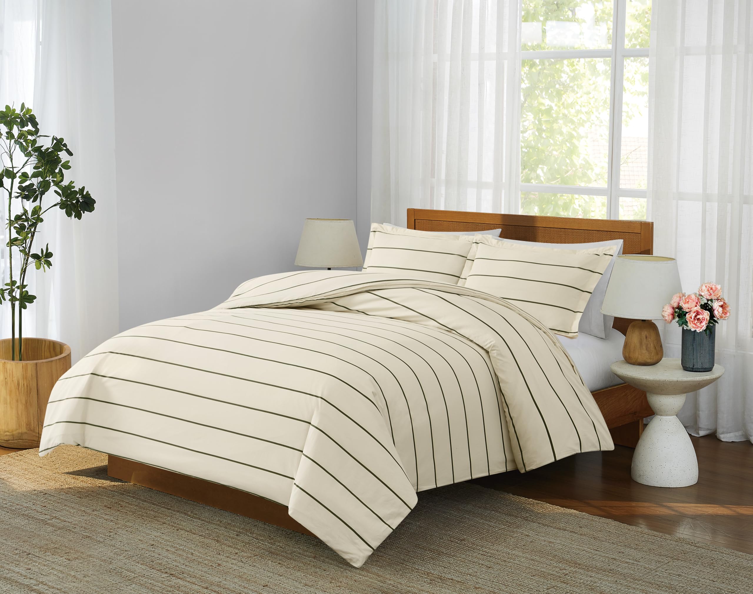 Brooklyn Loom Hayward Stripe Ivory/Green Full/Queen 3 Piece Comforter Set
