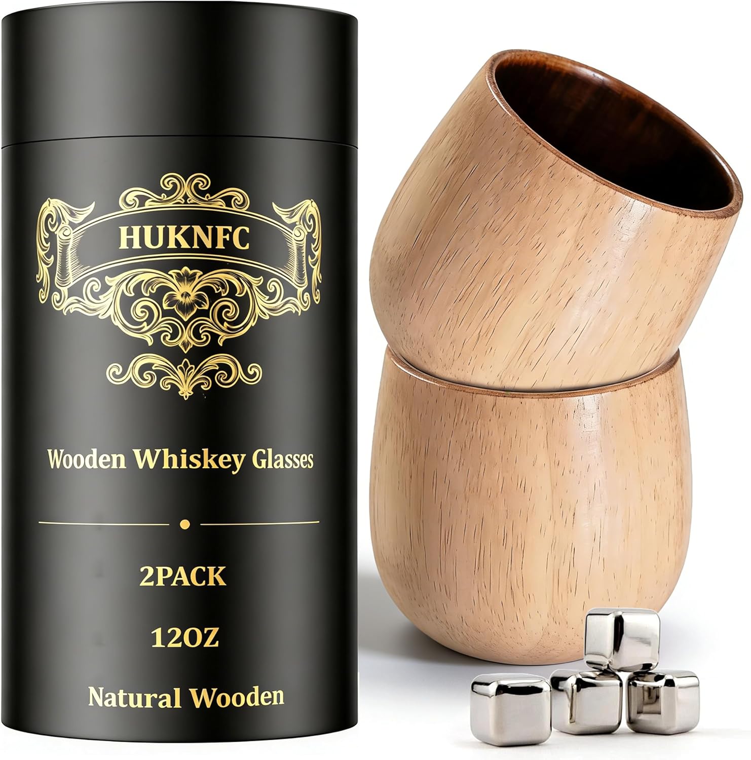 Charred Wooden Whiskey Glass Set – 2-Pack 12oz Handcrafted Bourbon Glasses with 4 Stainless Steel Chilling Cubes – Unique Whiskey Gifts for Men, Dad, Husband, Brother（White）