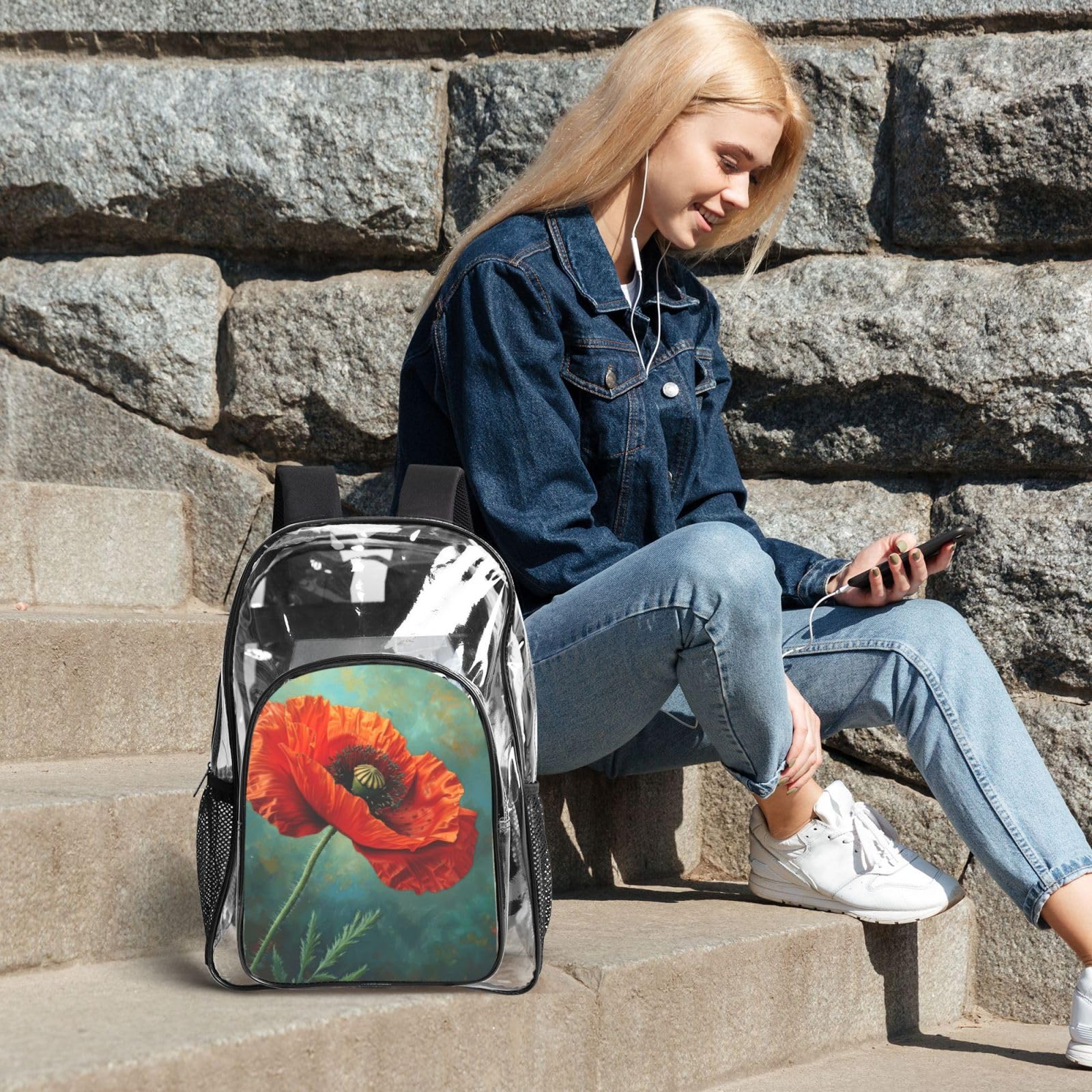 Poppy Flower Print 3-częściowy przezroczysty plecak zestaw do podróży na świeżym powietrzu przygody wakacje przezroczysta torba