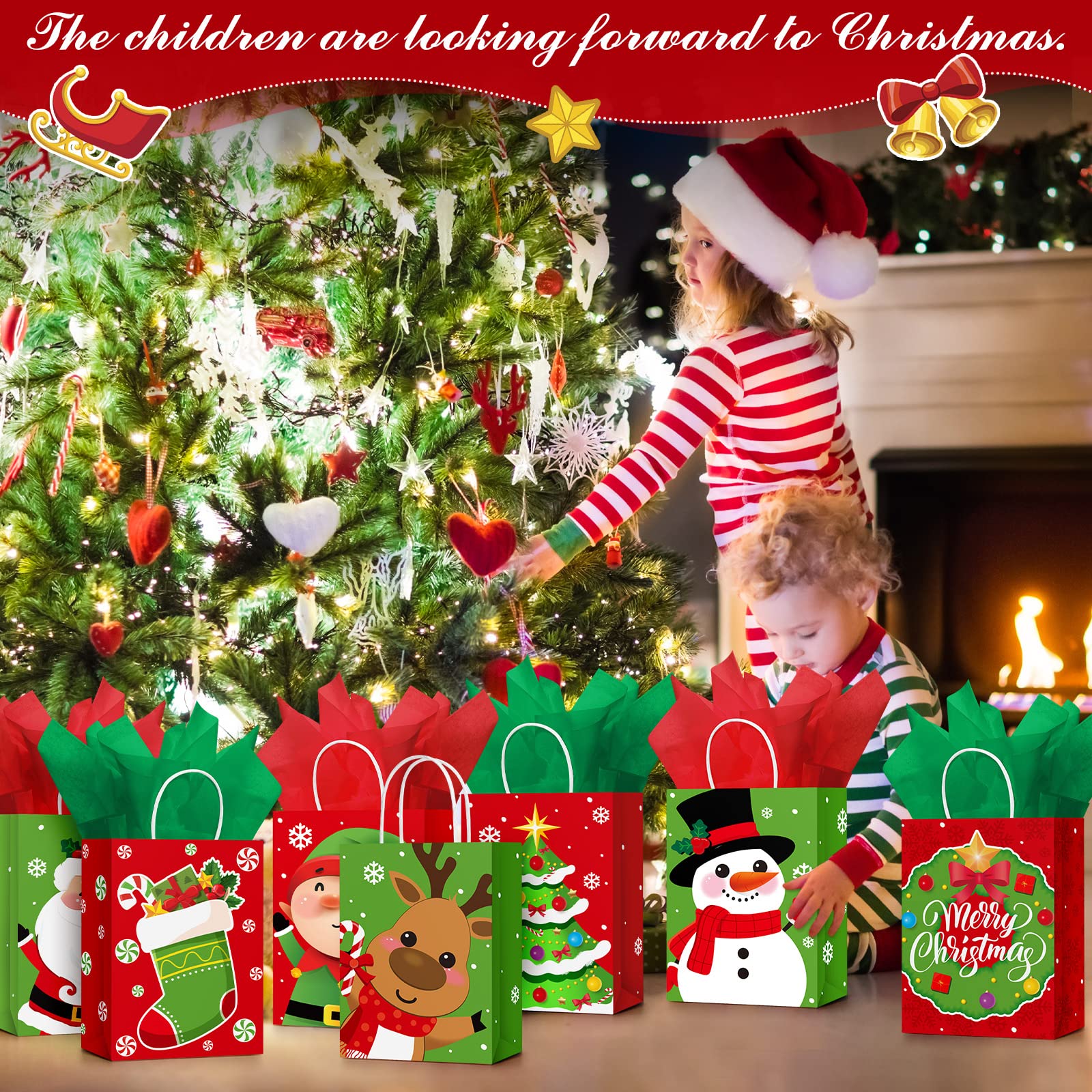 Censen 24 bolsas medianas de regalo de Navidad con papel de seda, bolsas de regalo de papel kraft con asa a granel para envolver regalos de Navidad, suministros de fiesta de vacaciones, 10 x 8 x 4