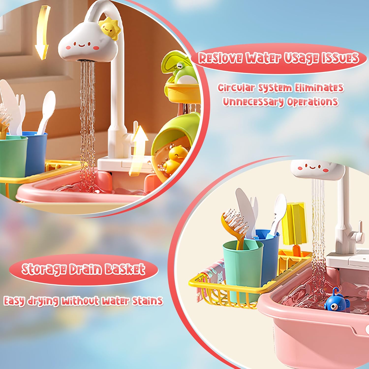 Upgraded Toddler Sand Water Table Toy with Electric Water Pump, Kids Sand Water with Faucet/Play Food Accessories/Fishing Toy, Kitchen Play Sink Toys for Girl Boy Age 3+ (Pink)