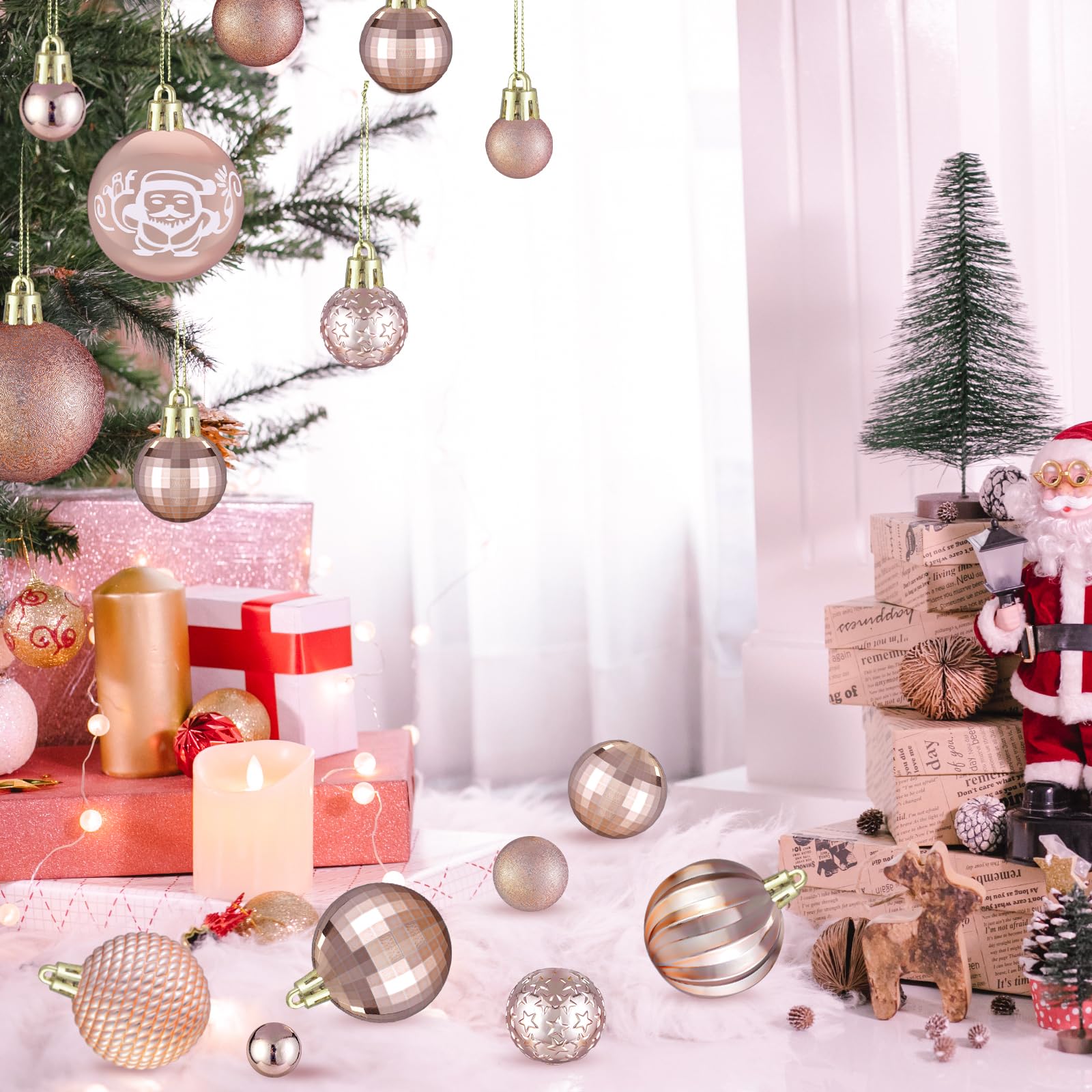 102 Pièces Boules de Noel Rose Gold, Decoration Noel Sapin,Christmas Tree Decoration,Kit Decoration Noel avec Grosse Petite Boule de Noel Boîte à Boules de Noël en Plastique