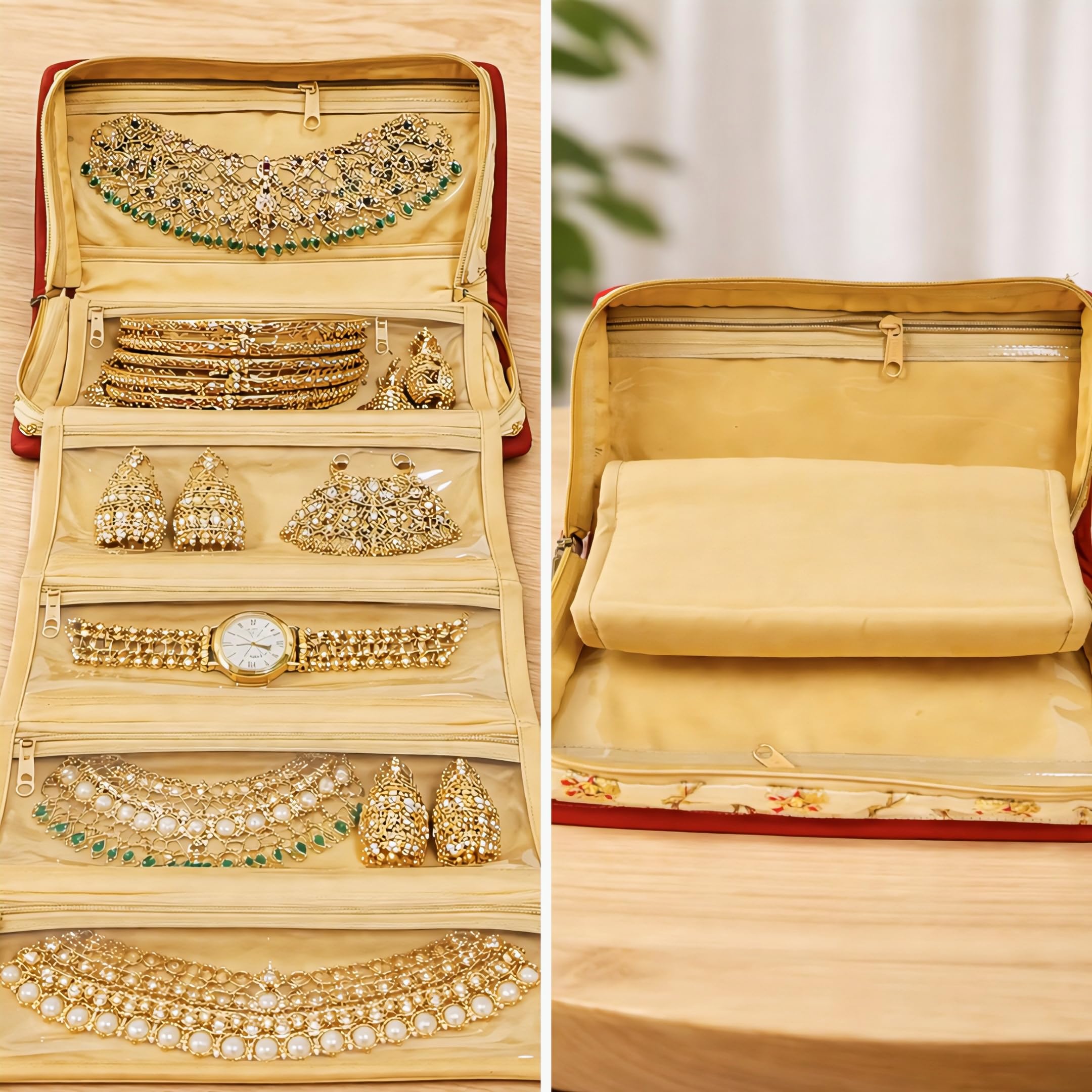 Trendifly Embroidery Sling Jewellery Organiser Storage Bag Pouch for women & girls | Bank Locker jewelry Organizer | Earring Necklace Bangles Organiser for Travel & Gifting (Red)
