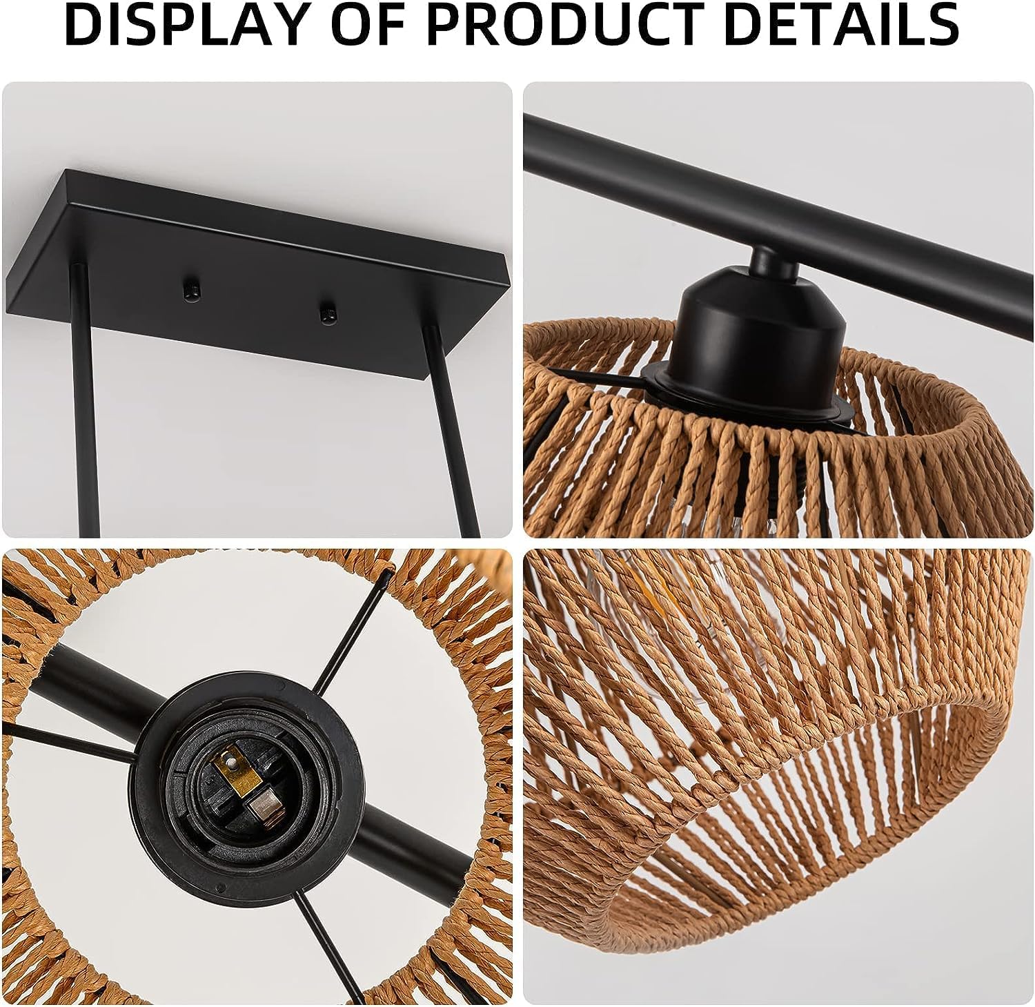 Kitchen Island Lighting, Rattan Chandelier Dining Room Light Fixture, 3-Light Handmade Woven Cage Boho Light Fixture Coastal Ceiling Light Ceiling Hanging Lighting for Kitchen,37.4"/95Cm