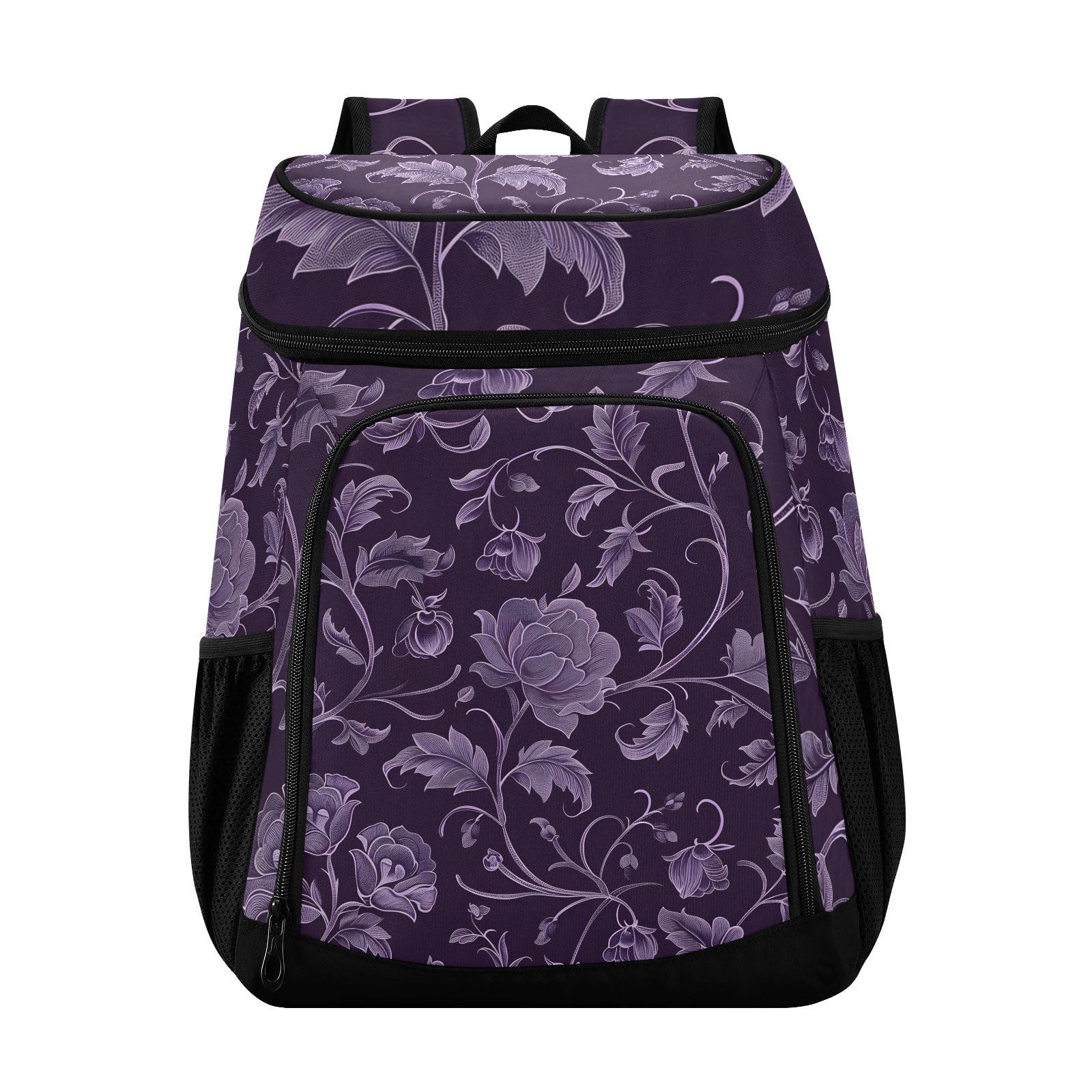 Purple Flower Paisley Cooler Backpack Cooler Insulated Leak Proof Lunch Backpack 36 Cans Waterproof Soft for Men Women Picnic Hiking Camping Beach