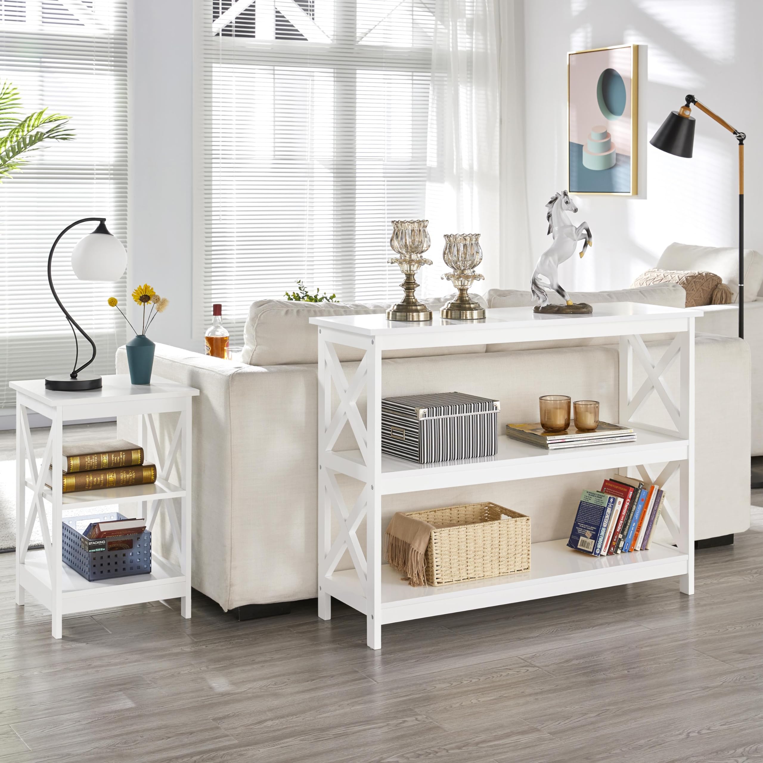 Yaheetech Konsolentisch 3 Ablagen Flurtisch Eingangtisch mit X-förmigem Rahmen Schmaler Beistelltisch aus Holz 106 x 35 x 80 cm, Weiß