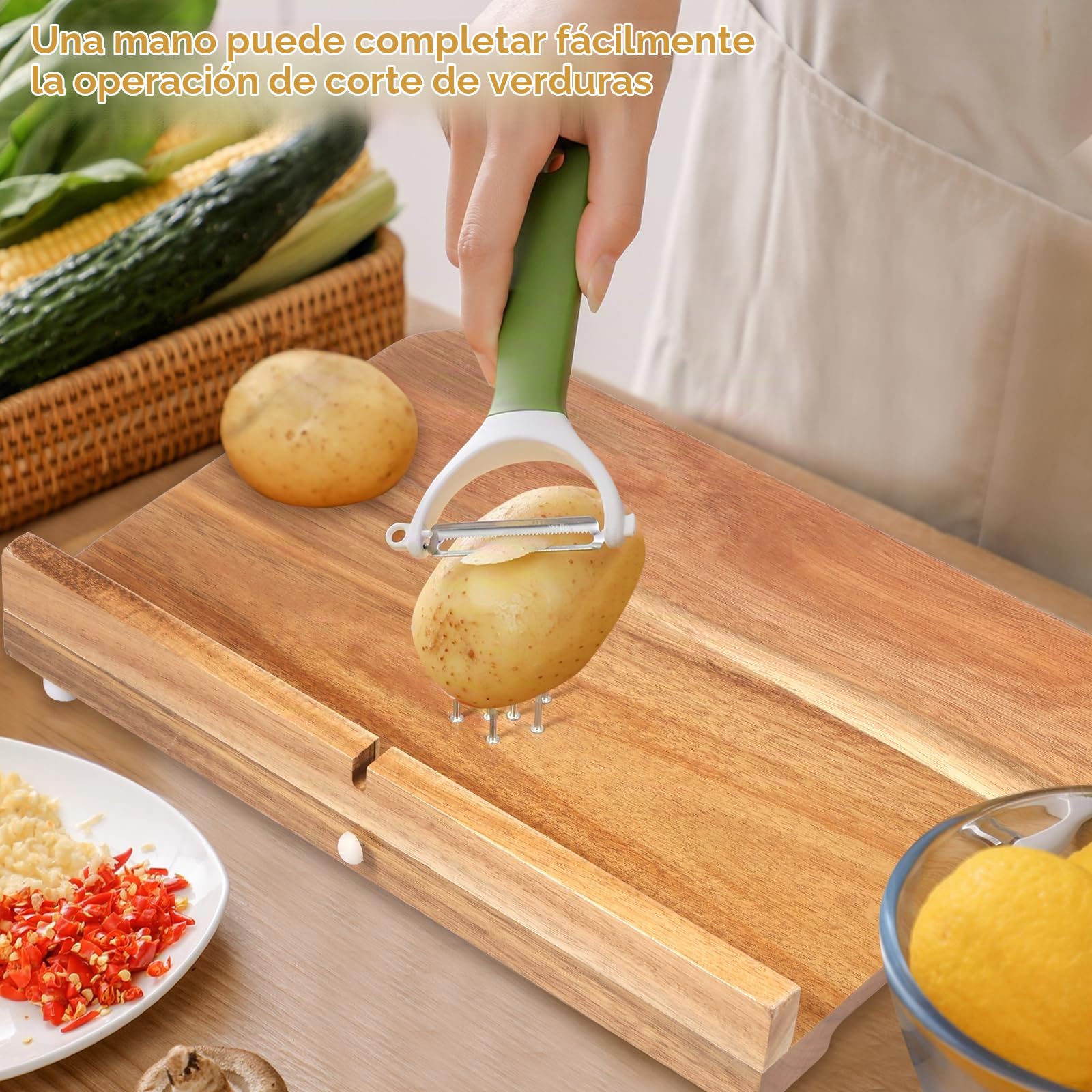 Tabla de cortar adaptativa de madera con pinchos, superficie lisa, tabla de cocina para discapacitados con fondo antideslizante para verduras, frutas y carnes