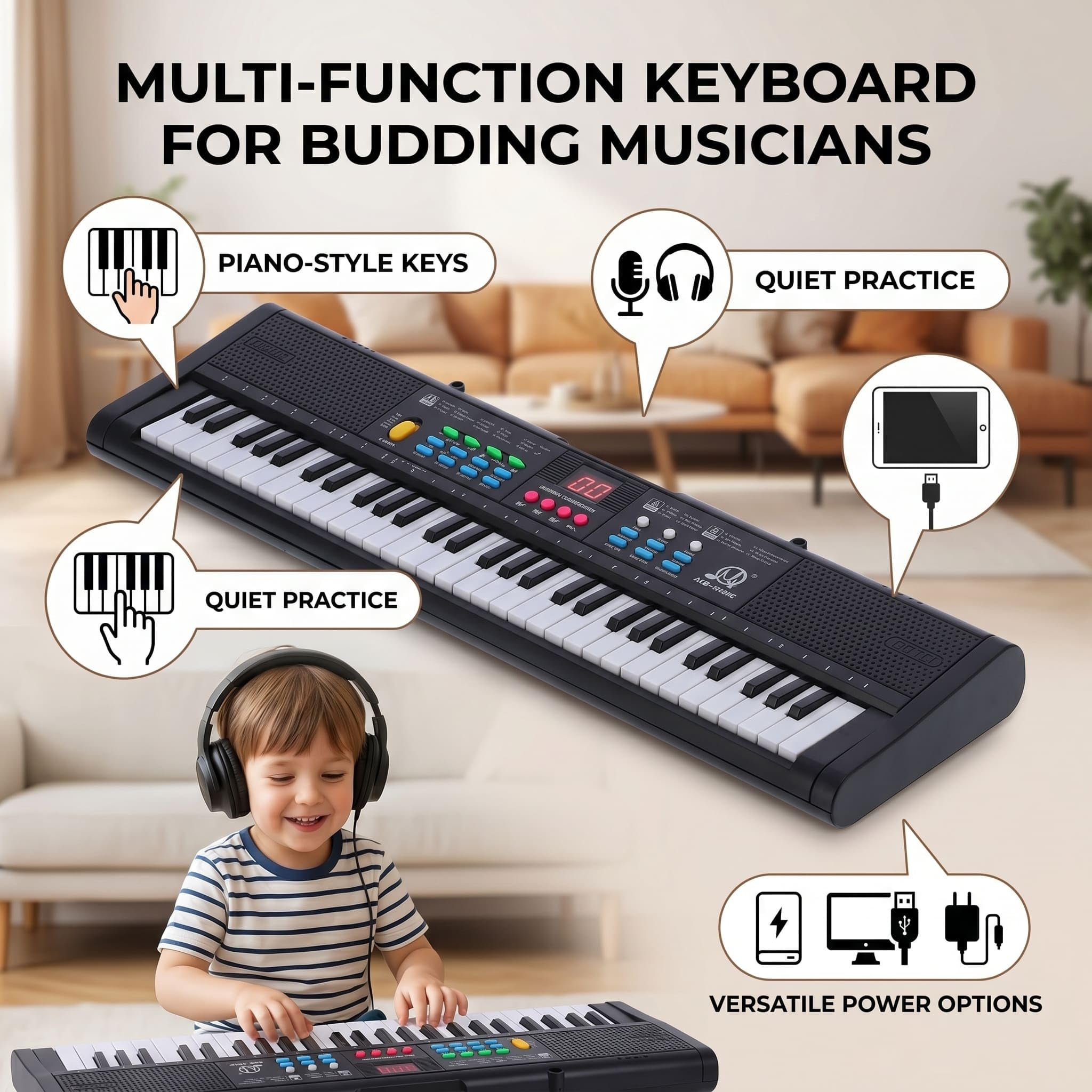 Pianino klawiaturowe, 61 klawiszy, wielofunkcyjne klawiatury elektroniczne, pianino cyfrowe z mikrofonem MQ6186, ładowanie USB, do ćwiczeń, nagrywania, programowania, akordy