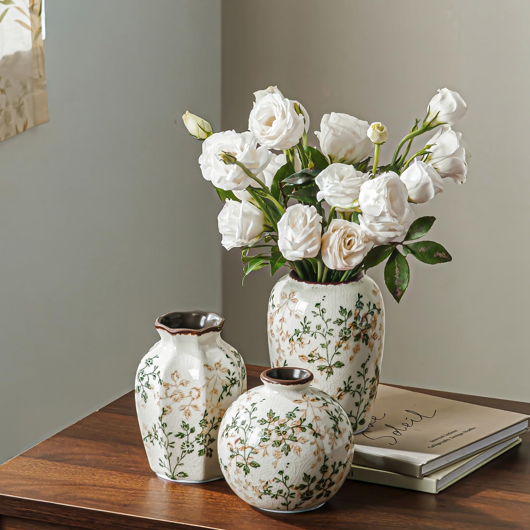Ceramic Flower Small Vase for Home Decor, Vintage Green Vase Set of 3