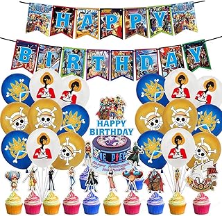ONE PIECE 誕生日 飾り付け パーティー セット ワンピース ルフィ アニメ キャラクター 面白い 3 可愛い 子供 男の子 女の子 イエロー ブルー ホワイト happy birthday ガーランド バナー 風船 バルーン ケーキトッパー 32枚セット (ワンピース3)
