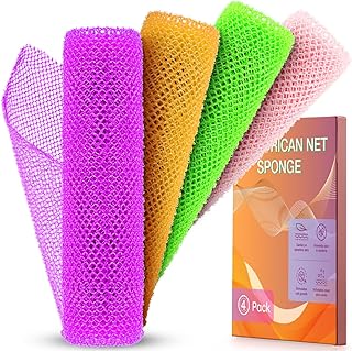 4 Pieces African Bath Sponge African Net Long Net Bath Sponge Exfoliating Shower Body Scrubber Back Scrubber Skin Smoother,Great for Daily Use (Purple, Pink, Green, Orange)