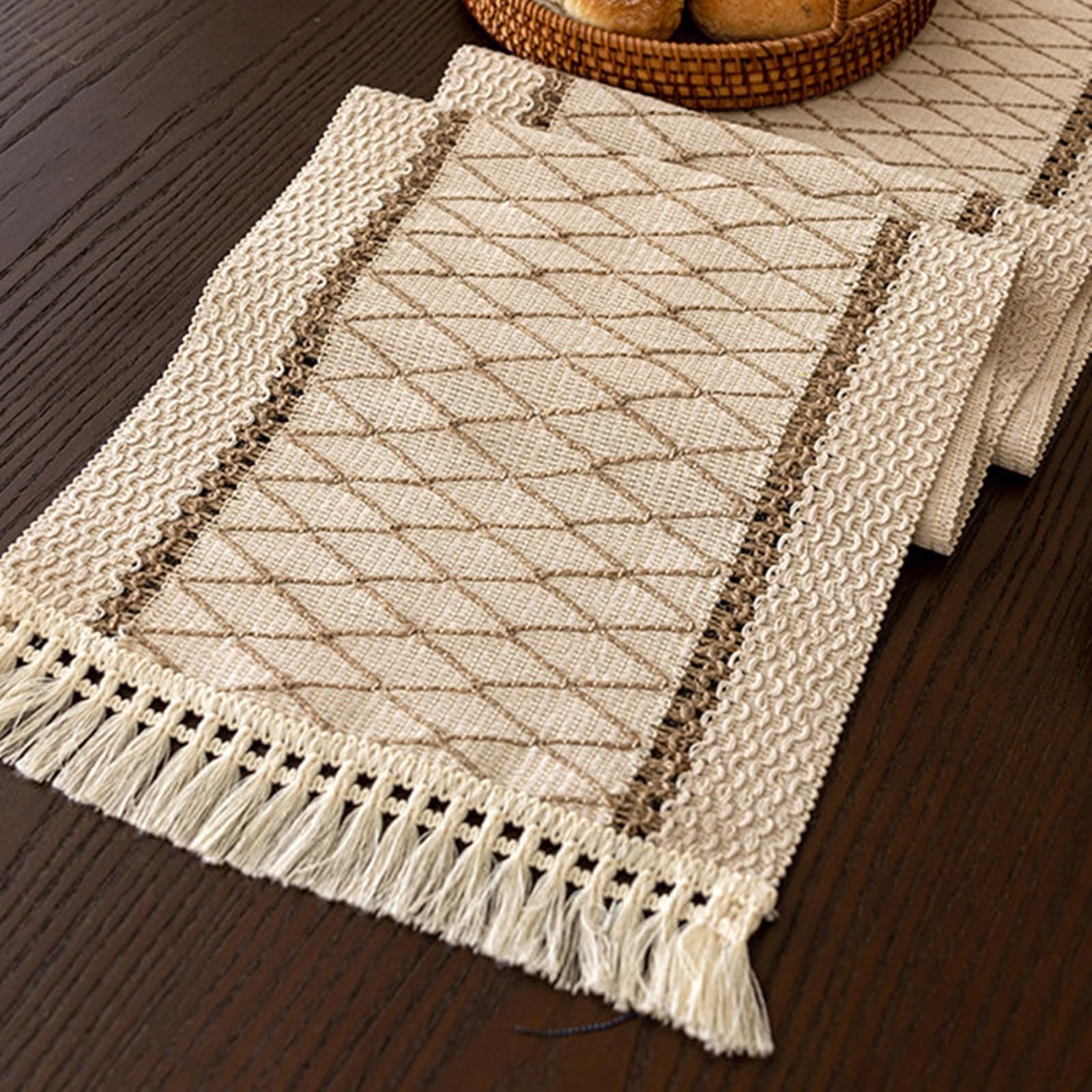 Tischläufer Polyester Landhausstil, Tischläufer Hochzeit 30x350 cm, Kaffeefarbener Stoff mit Quasten Zweifarbig