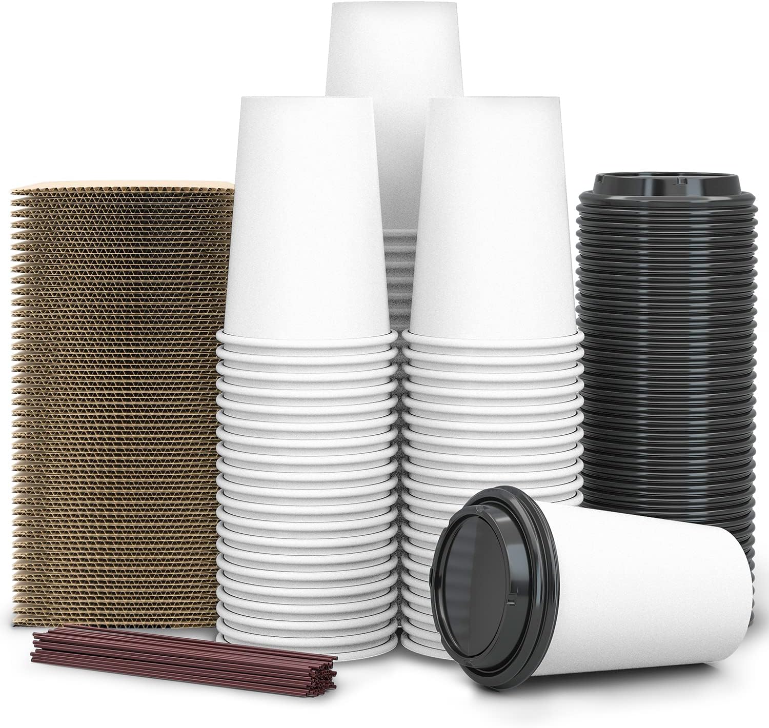 SPRINGPACK【100 Pack - 12 oz 】 Disposable Coffee Cups To Go with Lids Sleeves and Straws 100% Biodegradable & Compostable Pla Eco Friendly Paper Coffee Cups for Tea Coffee Hot Chocolate