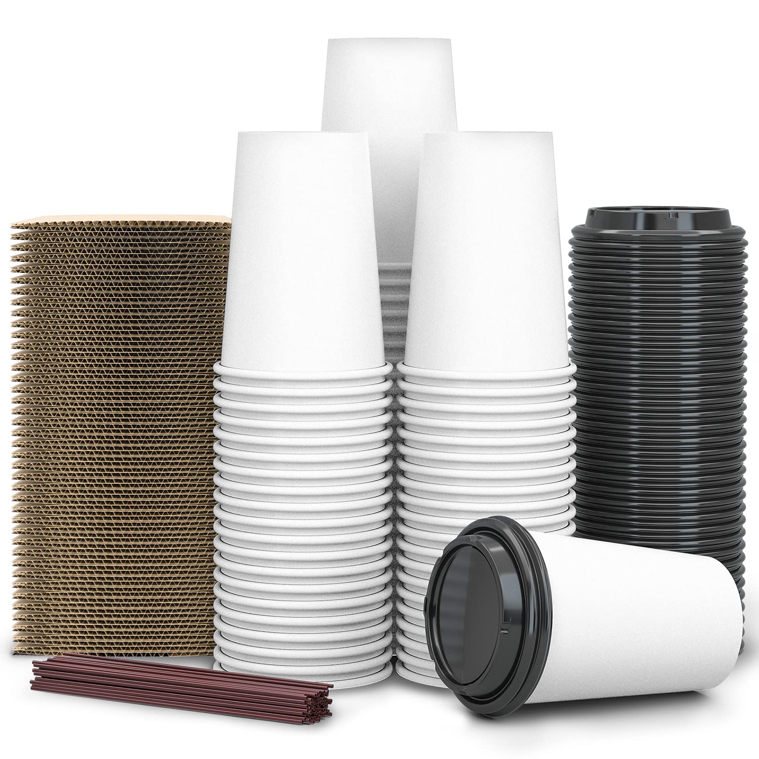 SPRINGPACK【100 Pack - 12 oz 】 Disposable Coffee Cups To Go with Lids Sleeves and Straws 100% Biodegradable & Compostable Pla Eco Friendly Paper Coffee Cups for Tea Coffee Hot Chocolate